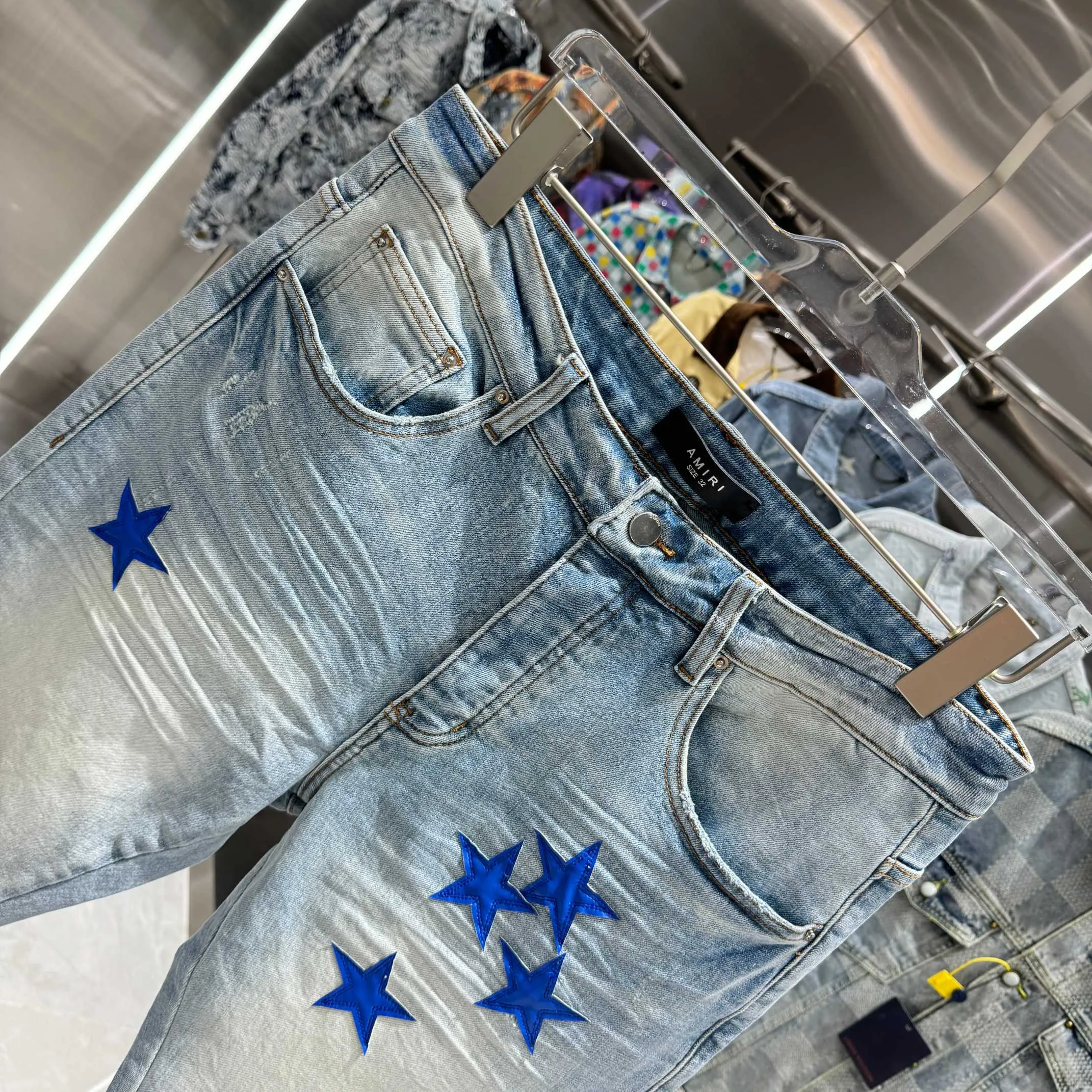P290 Amiri star leather label street fashion slim fit stretch jeans color light blue size 30 32 34 36 38