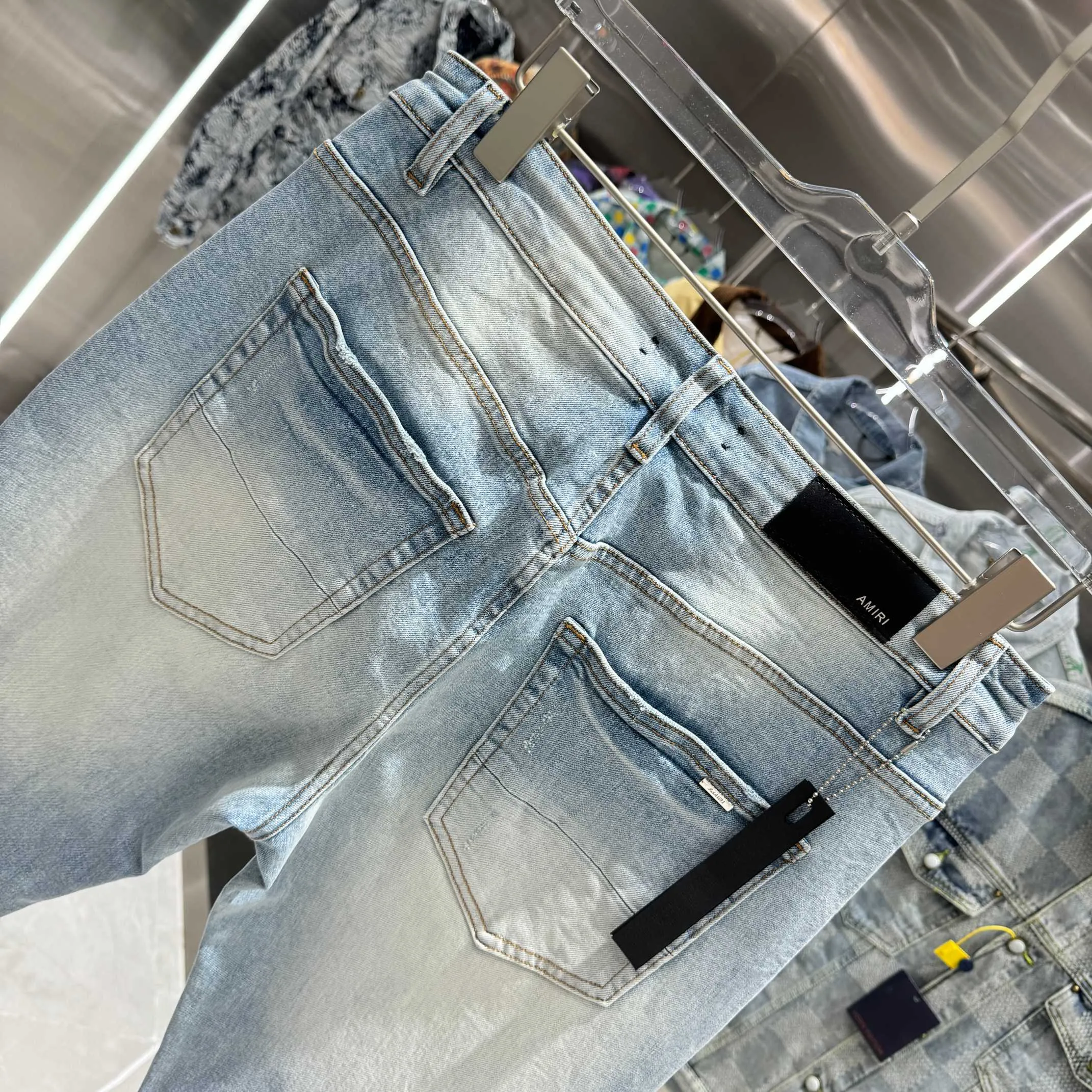 P290 Amiri star leather label street fashion slim fit stretch jeans color light blue size 30 32 34 36 38