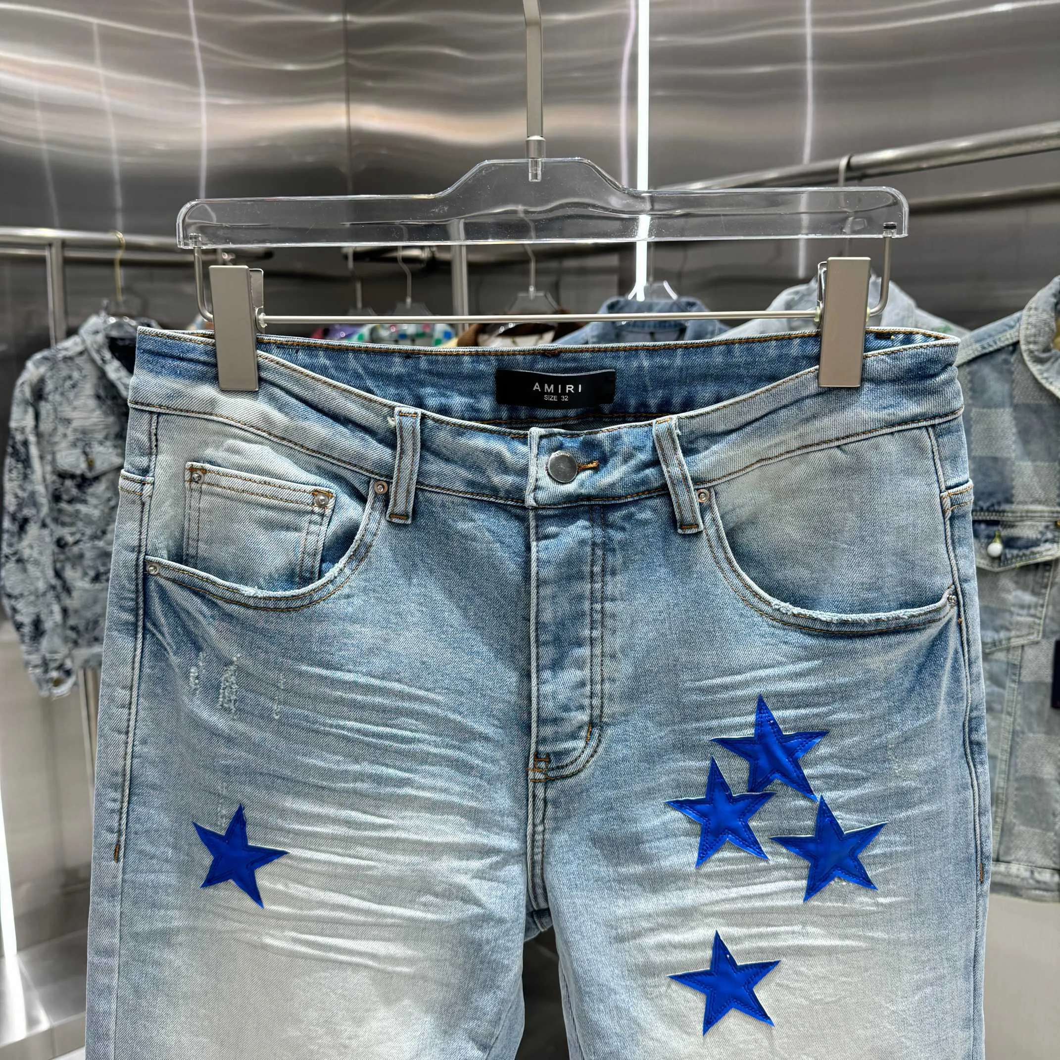 P290 Amiri star leather label street fashion slim fit stretch jeans color light blue size 30 32 34 36 38