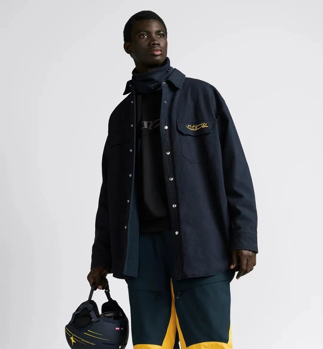 Upper body picture DIOR AND LEWIS HAMILTON navy blue cotton denim jacket shirt