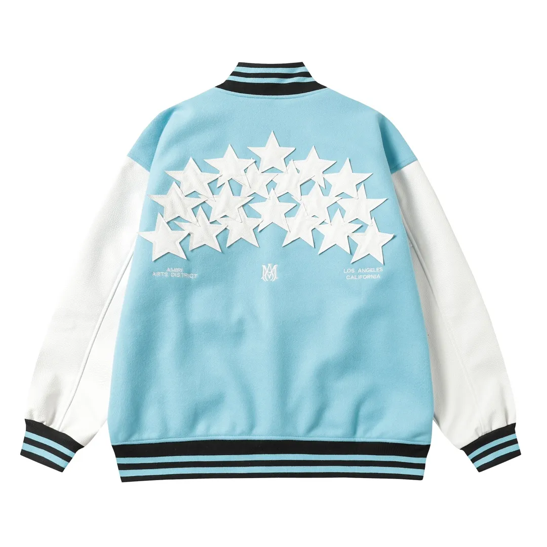 P370 Amiri2024ss Star ⭐ Baseball Jacket - Using laser burning patch technology, pocket hardware zipper design, full of uniqueness - 700g dragon and phoenix nylon and litchi pattern PU collide💥 Fashionable and versatile M L Xl xxl