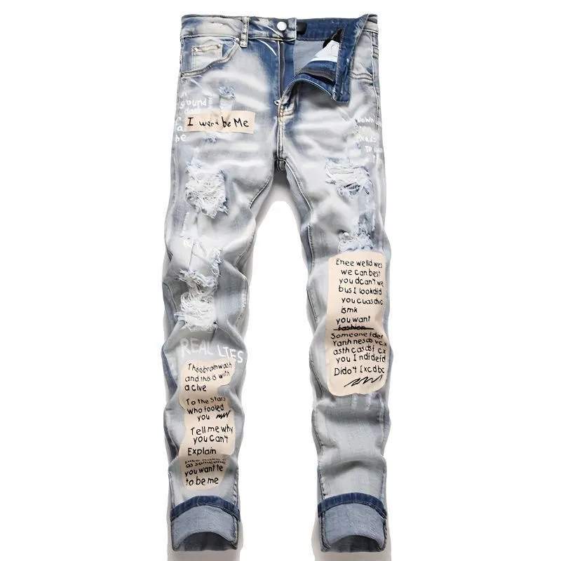 #M40 P168💰 Amiri classic embroidered patched leather ripped letter jeans, slim fit jeans, produced by a major washed factory, full of high-end feel, partially destroyed knee design with leather patch design, has been used as a facade design, leather waist nameplate, the focus of this style is not on the washing, but on the destroyed shape and version. The secret lies in the craftsmanship of the master. The cost of post-processing, grinding, cutting, etc. is far beyond the cost of assembly line products. Color: Picture color Size: 30-32-34-36