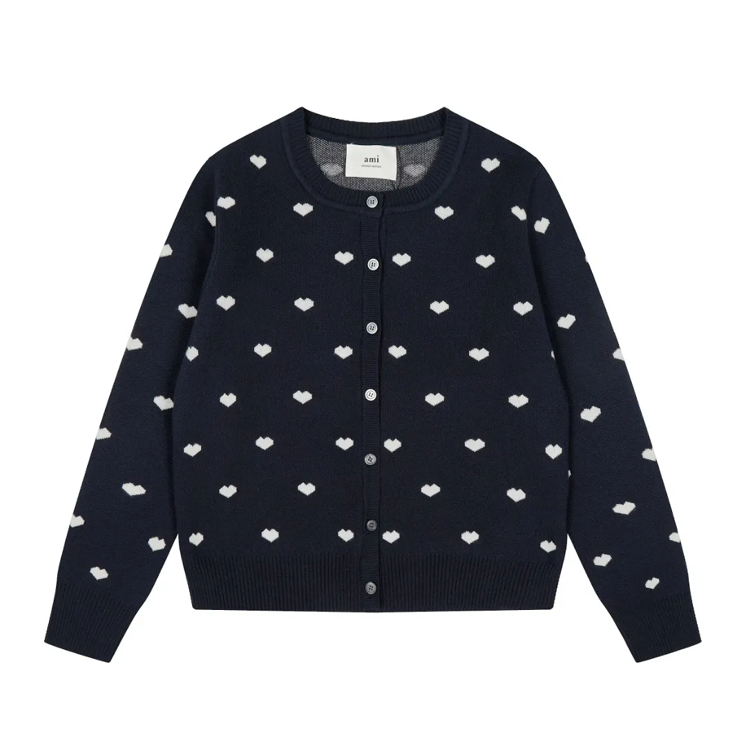 Ami/Ami's new jacquard love-printed goddess style must-have autumn and winter knitted cardigan small jacket Size: S-XL Color: White red heart Black red heart Red white heart Milky apricot purple heart Navy blue white heart Pink red heart