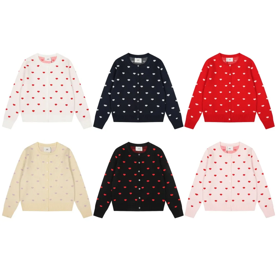 Ami/Ami's new jacquard love-printed goddess style must-have autumn and winter knitted cardigan small jacket Size: S-XL Color: White red heart Black red heart Red white heart Milky apricot purple heart Navy blue white heart Pink red heart