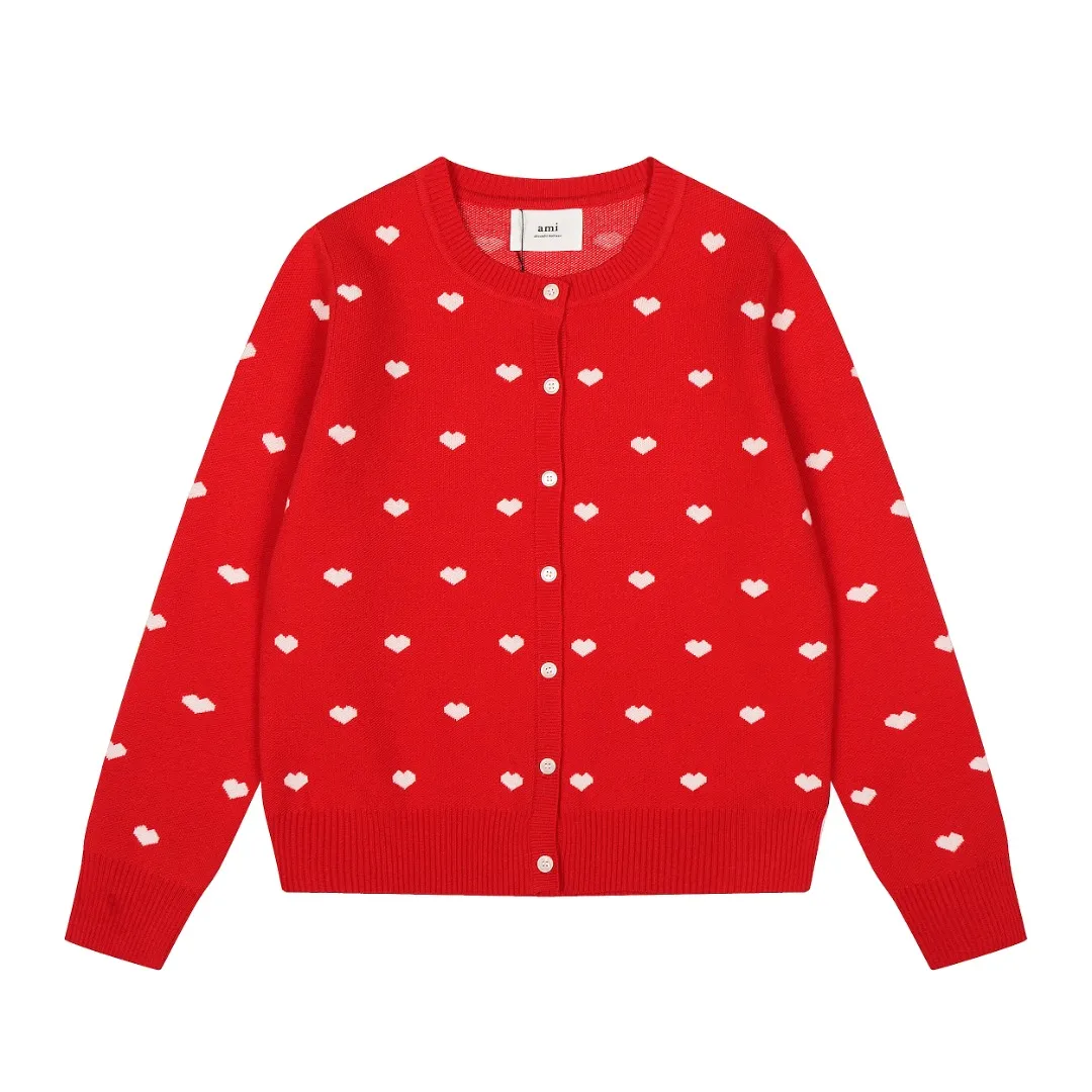 Ami/Ami's new jacquard love-printed goddess style must-have autumn and winter knitted cardigan small jacket Size: S-XL Color: White red heart Black red heart Red white heart Milky apricot purple heart Navy blue white heart Pink red heart