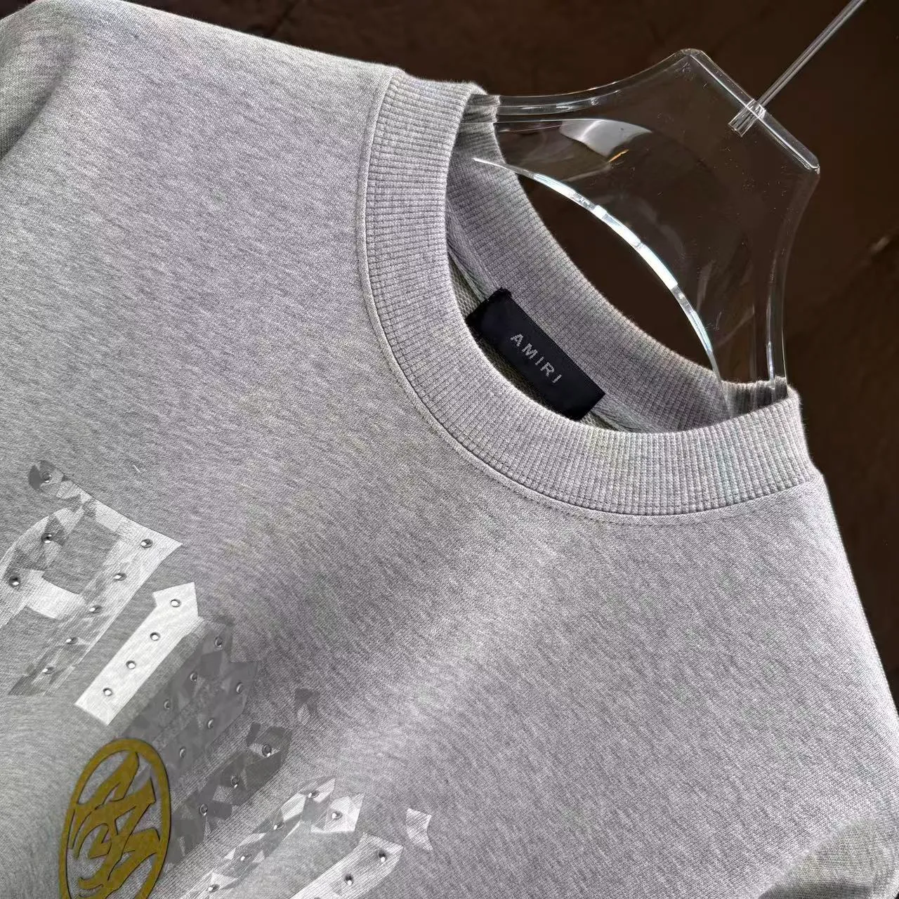 P210 AMIRI* 2025 autumn and winter new round neck sweatshirt 400g terry cotton letter logo three-dimensional thick plate glue ➕ metal diamond Color: Black White Gray Purple Size: S M L XL XXL