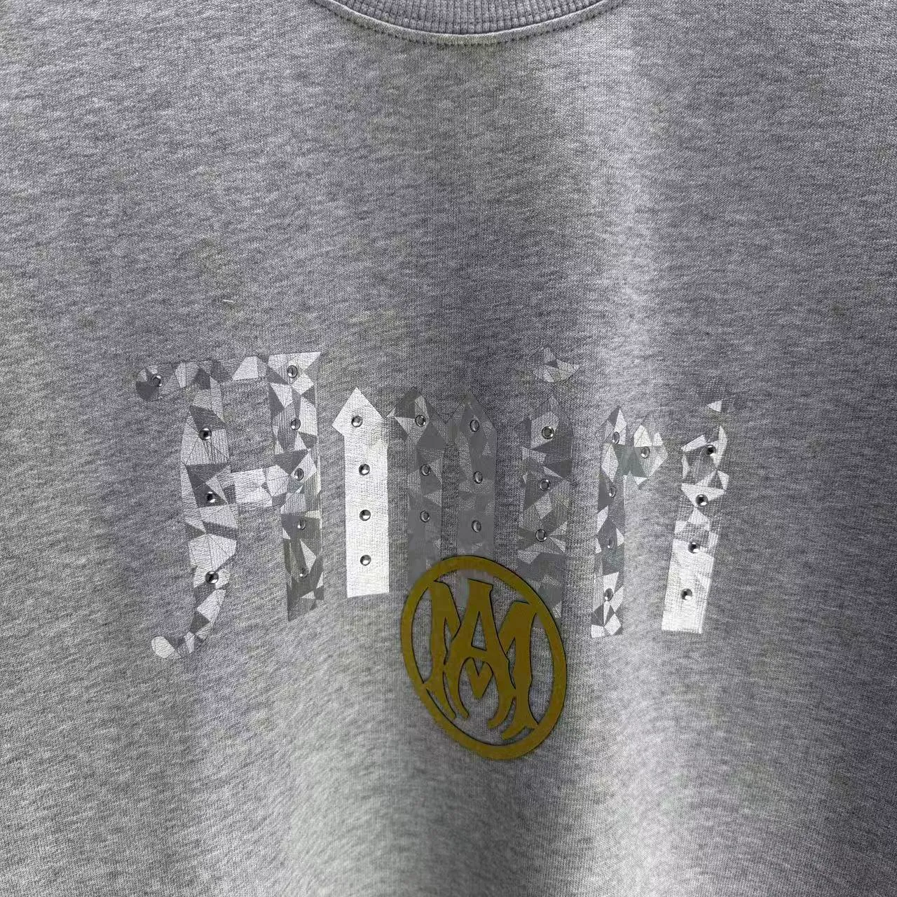 P210 AMIRI* 2025 autumn and winter new round neck sweatshirt 400g terry cotton letter logo three-dimensional thick plate glue ➕ metal diamond Color: Black White Gray Purple Size: S M L XL XXL