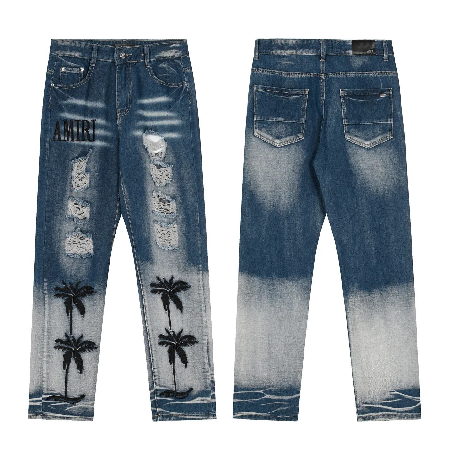#M52 P168💰 Independent AMIRI coconut tree embroidery jeans trousers AMIRI high street basic ripped tight elastic jeans trousers amiri brand jeans break the production process and cutting of the original jeans, the fabrics are softer and more comfortable Hand-sewn collar label Customized logo buttons Genuine leather tag Color: light blue Size: 30-32-34-36