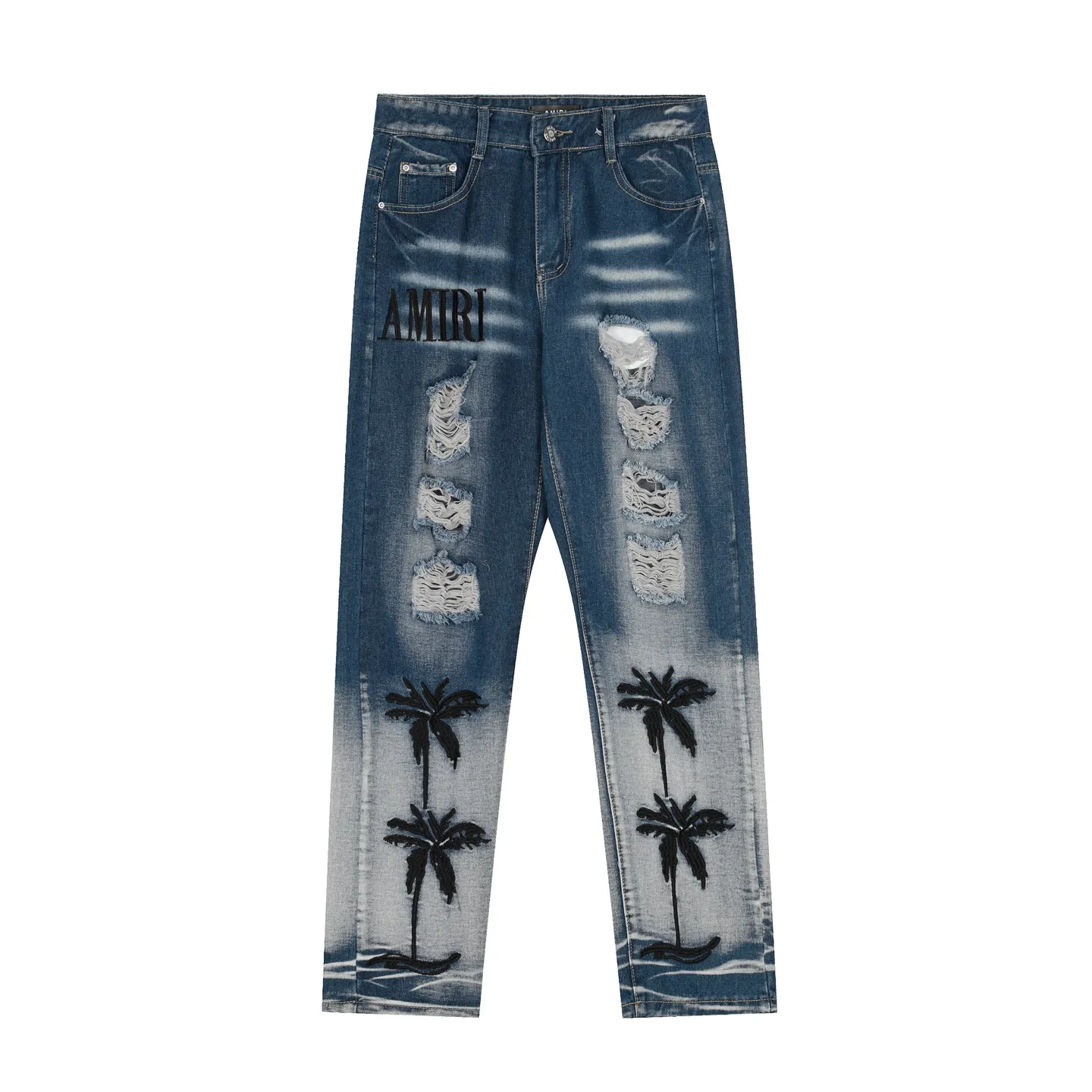 #M52 P168💰 Independent AMIRI coconut tree embroidery jeans trousers AMIRI high street basic ripped tight elastic jeans trousers amiri brand jeans break the production process and cutting of the original jeans, the fabrics are softer and more comfortable Hand-sewn collar label Customized logo buttons Genuine leather tag Color: light blue Size: 30-32-34-36