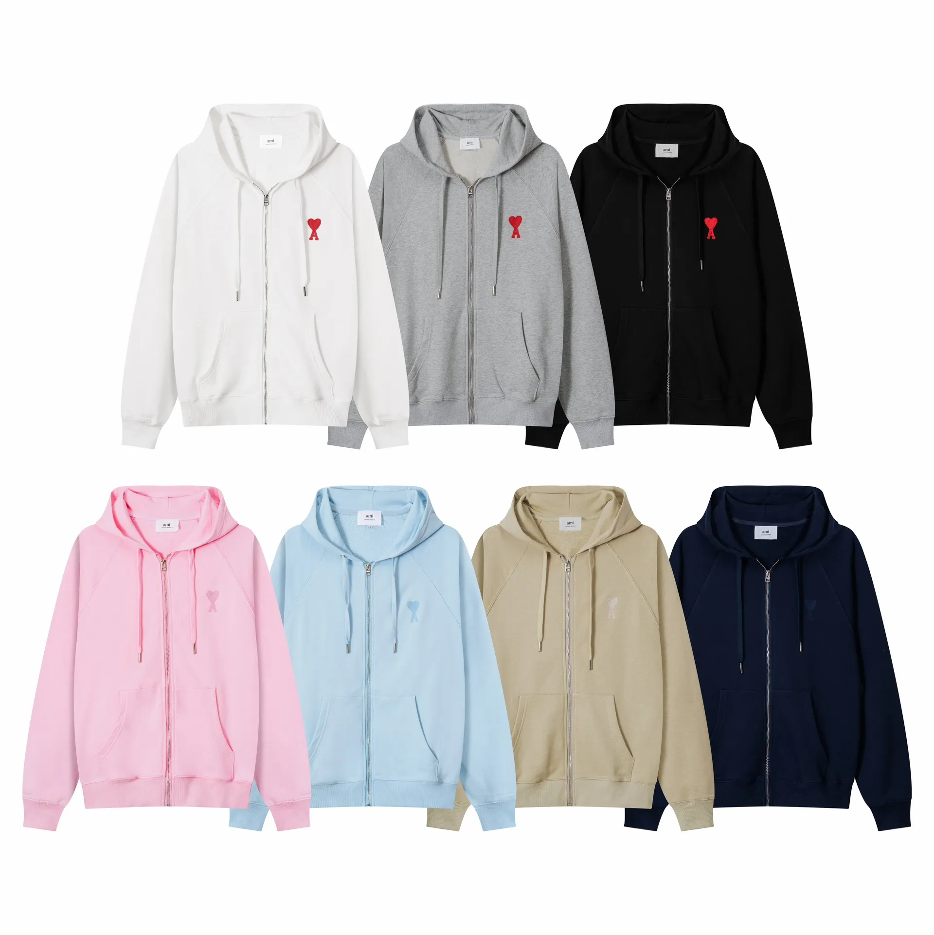 641# AMI Paris 2023 new product love towel embroidered raglan hooded cardigan sweatshirt. Customized 400g pure cotton fabric. Same style for men and women. Color: black, white, candy pink, sky blue, floral gray, vanilla apricot, orchid. Size: S-XL