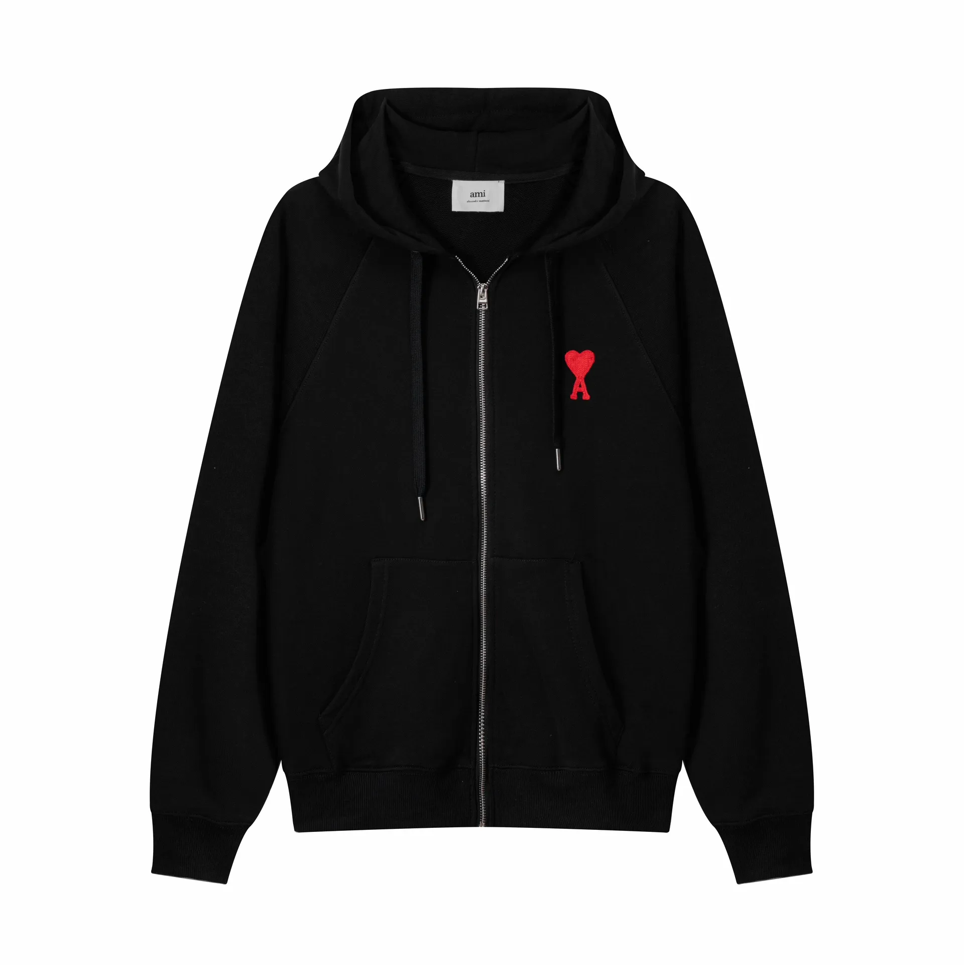 641# AMI Paris 2023 new product love towel embroidered raglan hooded cardigan sweatshirt. Customized 400g pure cotton fabric. Same style for men and women. Color: black, white, candy pink, sky blue, floral gray, vanilla apricot, orchid. Size: S-XL