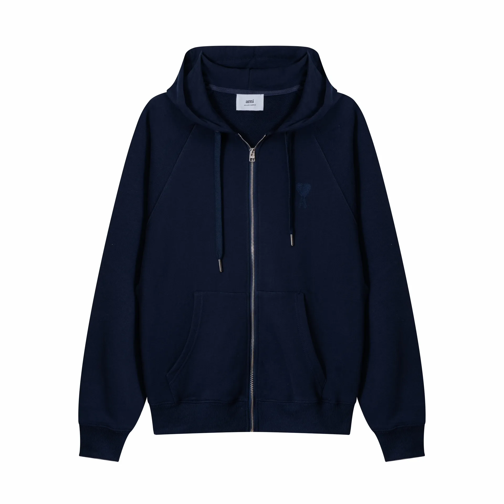 641# AMI Paris 2023 new product love towel embroidered raglan hooded cardigan sweatshirt. Customized 400g pure cotton fabric. Same style for men and women. Color: black, white, candy pink, sky blue, floral gray, vanilla apricot, orchid. Size: S-XL