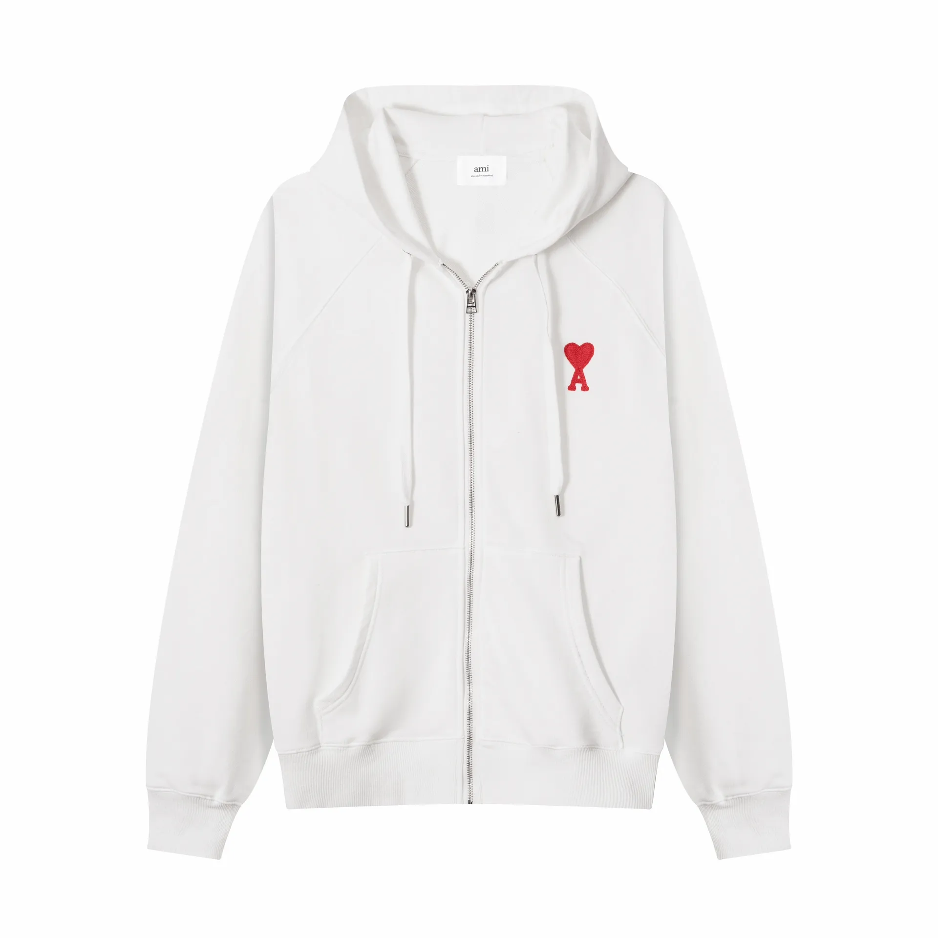 641# AMI Paris 2023 new product love towel embroidered raglan hooded cardigan sweatshirt. Customized 400g pure cotton fabric. Same style for men and women. Color: black, white, candy pink, sky blue, floral gray, vanilla apricot, orchid. Size: S-XL