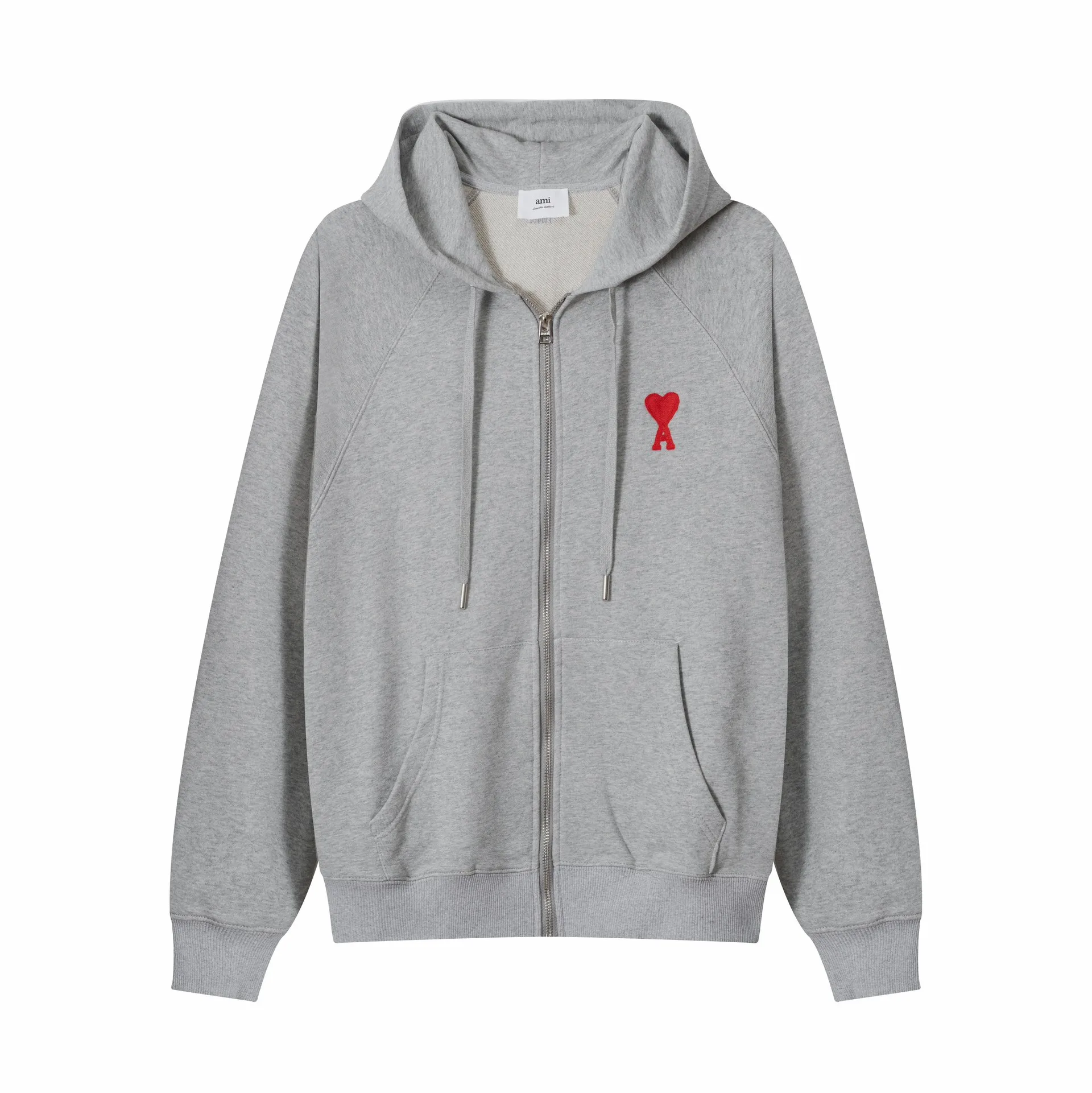 641# AMI Paris 2023 new product love towel embroidered raglan hooded cardigan sweatshirt. Customized 400g pure cotton fabric. Same style for men and women. Color: black, white, candy pink, sky blue, floral gray, vanilla apricot, orchid. Size: S-XL