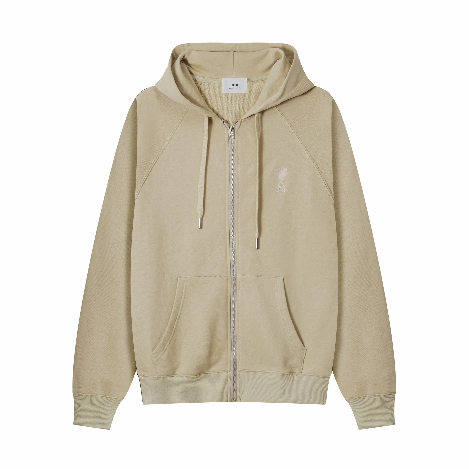 641# AMI Paris 2023 new product love towel embroidered raglan hooded cardigan sweatshirt. Customized 400g pure cotton fabric. Same style for men and women. Color: black, white, candy pink, sky blue, floral gray, vanilla apricot, orchid. Size: S-XL