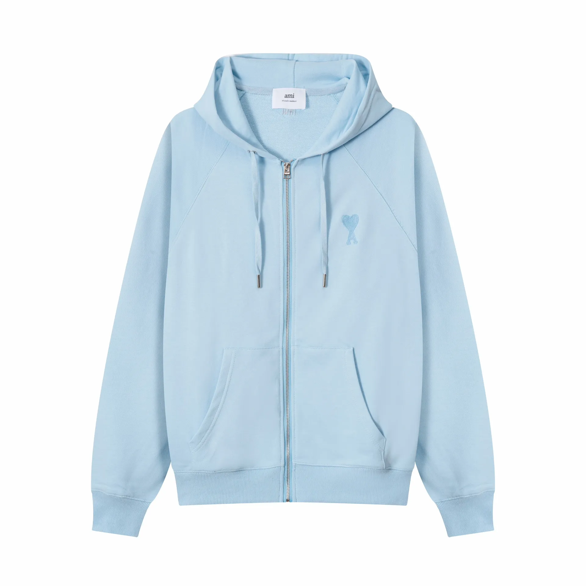 641# AMI Paris 2023 new product love towel embroidered raglan hooded cardigan sweatshirt. Customized 400g pure cotton fabric. Same style for men and women. Color: black, white, candy pink, sky blue, floral gray, vanilla apricot, orchid. Size: S-XL