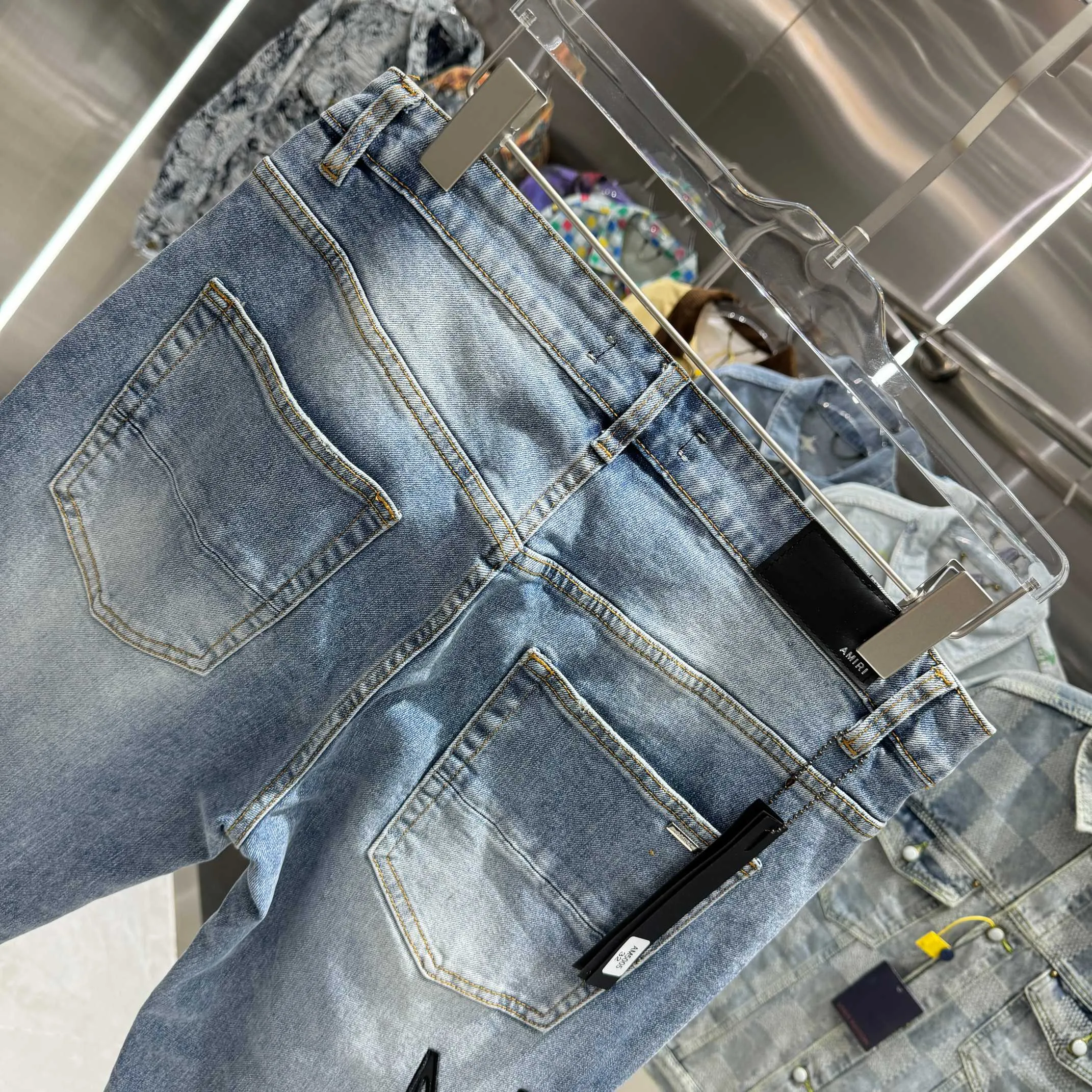 P290 Amiri ripped letter embroidered street fashion slim fit stretch jeans Color Blue Size 30 32 34 36 38
