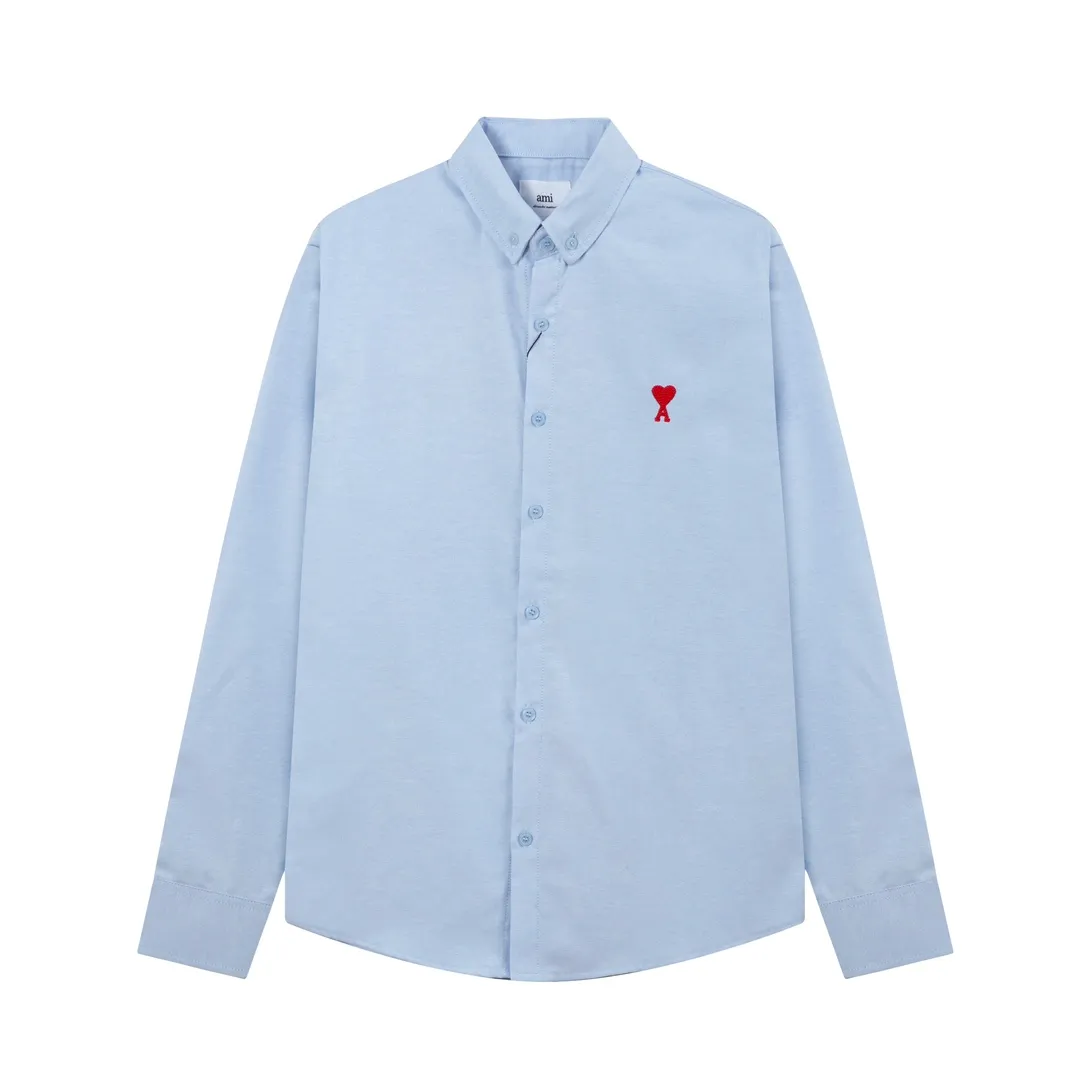 2203# AMI Paris Classic autumn red small love heart embroidery on the chest Casual cotton solid color long-sleeved Oxford shirt Original custom-made 180g pure cotton fabric Regular version Same style for men and women Color: White Blue Yellow Brown Pink Size: S-XL