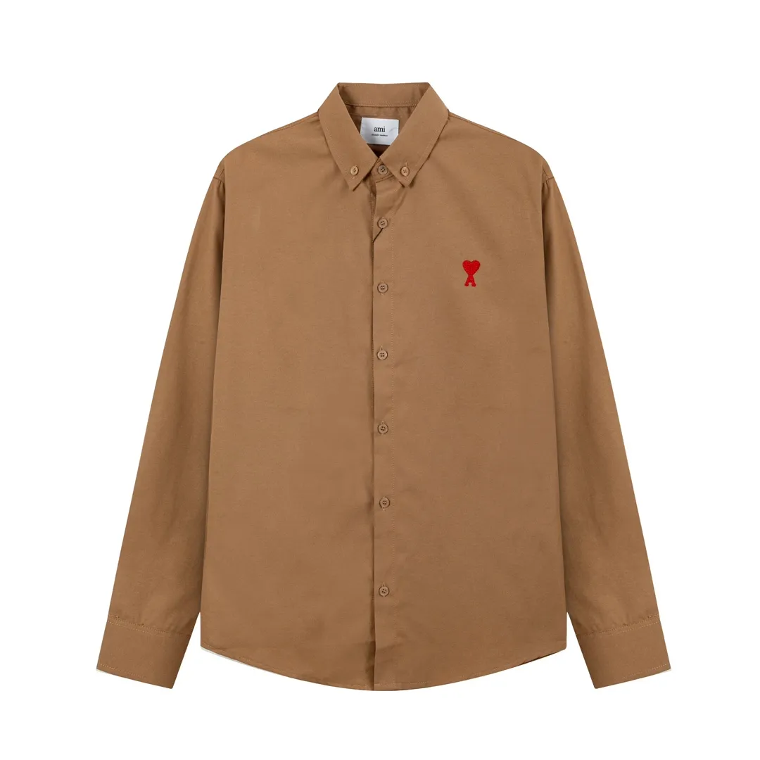 2203# AMI Paris Classic autumn red small love heart embroidery on the chest Casual cotton solid color long-sleeved Oxford shirt Original custom-made 180g pure cotton fabric Regular version Same style for men and women Color: White Blue Yellow Brown Pink Size: S-XL