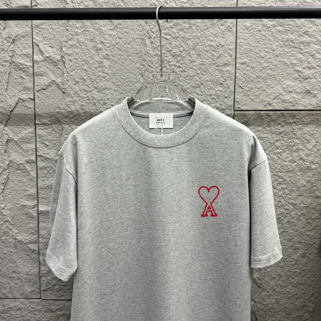 🅿️180 Ami* love embroidery 2025 spring and summer new style Hollow love A embroidered with personalized letters Customized double yarn plain cotton fabric Short-sleeved T-shirt Same style for men and women Color: white floral gray black Size: S (90-130 pounds) M (120-150 pounds) L (140-165 pounds) XL (160-180 pounds) XXL (180-210 pounds)
