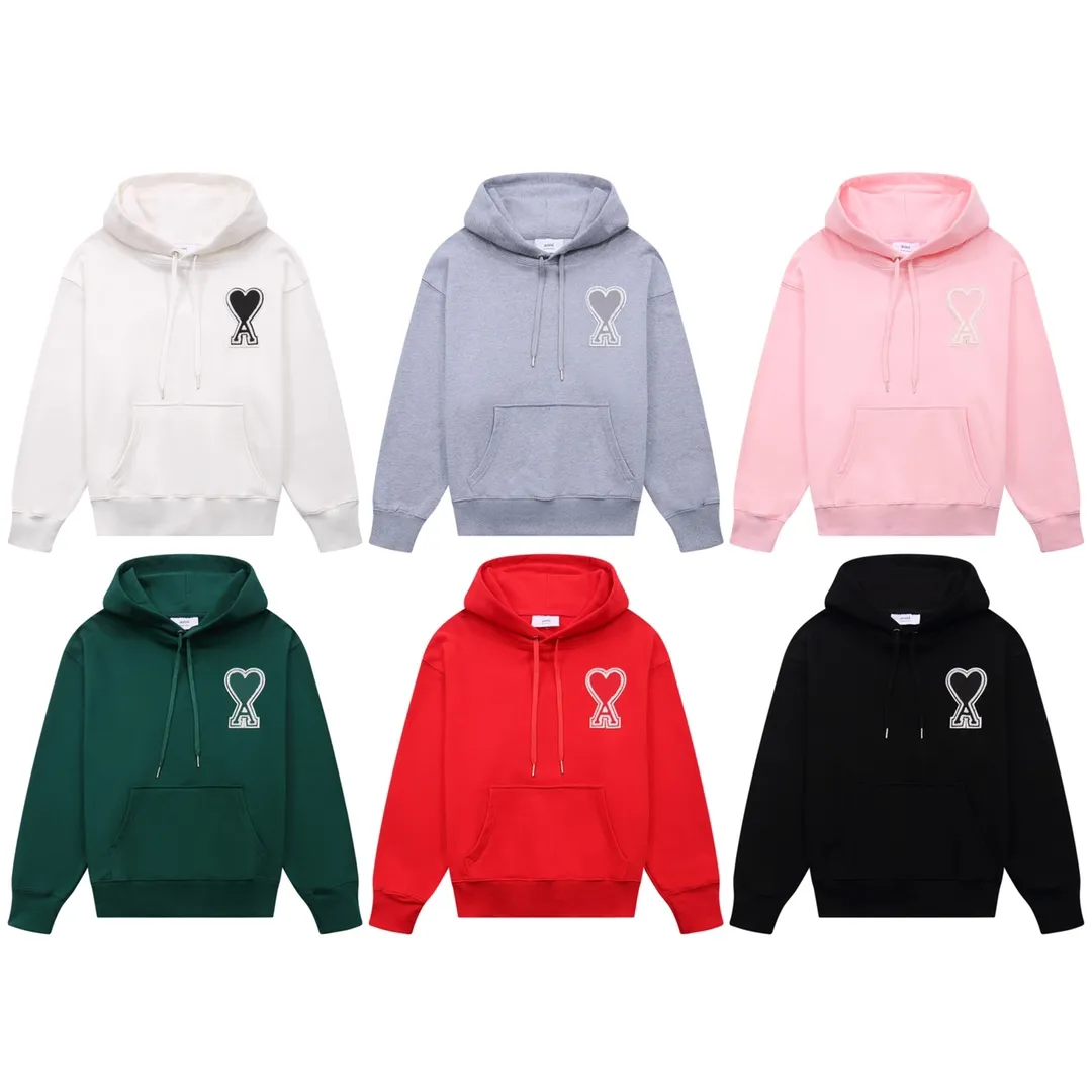 CY610#ami Alexandre Mattiussi21SS embroidered red heart solid color big heart hooded peach heart sweatshirt, same style for men and women, 10S thickened cotton sweatshirt 380G terry fabric, color: black, white, gray, red, green, pink. Size: S-XL