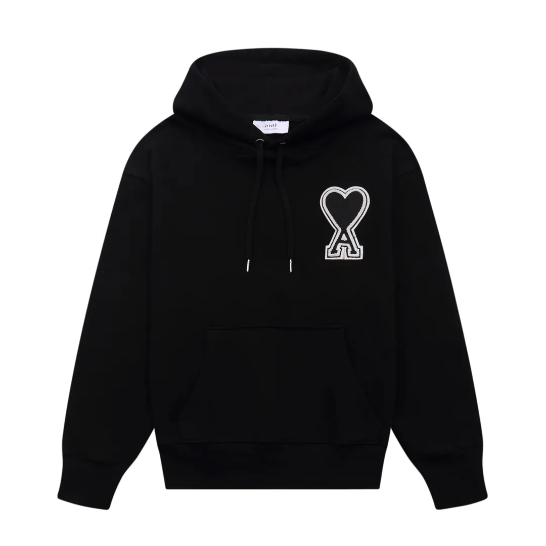CY610#ami Alexandre Mattiussi21SS embroidered red heart solid color big heart hooded peach heart sweatshirt, same style for men and women, 10S thickened cotton sweatshirt 380G terry fabric, color: black, white, gray, red, green, pink. Size: S-XL