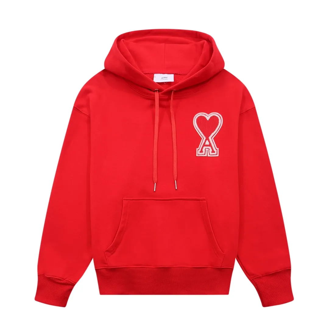 CY610#ami Alexandre Mattiussi21SS embroidered red heart solid color big heart hooded peach heart sweatshirt, same style for men and women, 10S thickened cotton sweatshirt 380G terry fabric, color: black, white, gray, red, green, pink. Size: S-XL