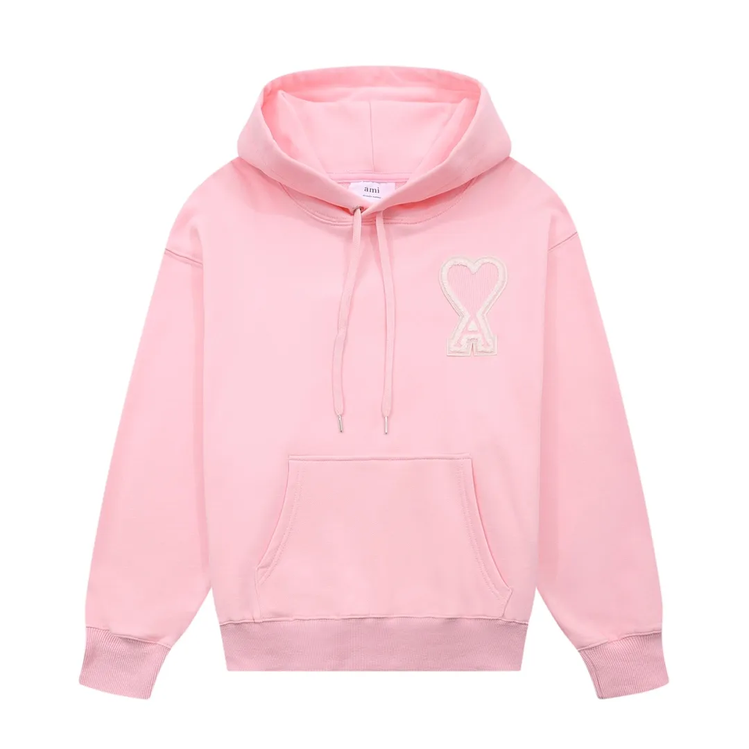 CY610#ami Alexandre Mattiussi21SS embroidered red heart solid color big heart hooded peach heart sweatshirt, same style for men and women, 10S thickened cotton sweatshirt 380G terry fabric, color: black, white, gray, red, green, pink. Size: S-XL