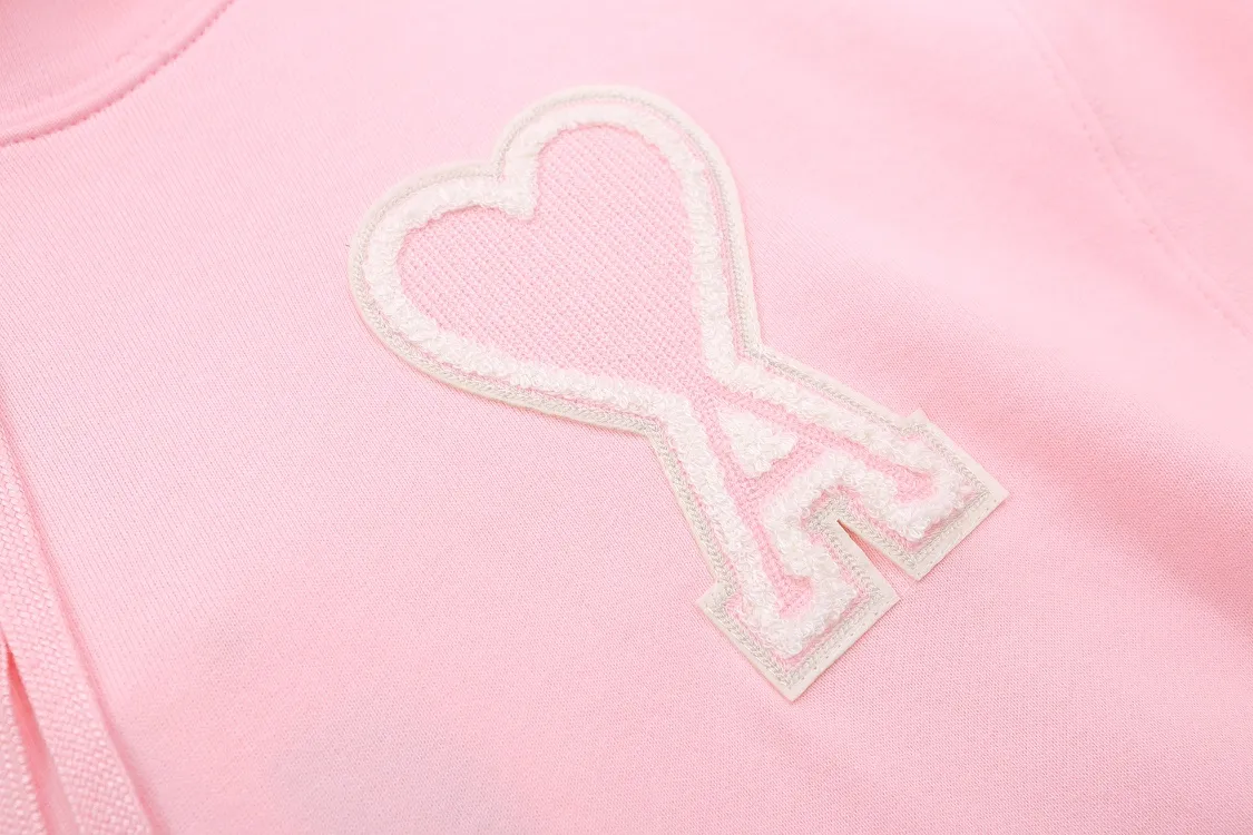 CY610#ami Alexandre Mattiussi21SS embroidered red heart solid color big heart hooded peach heart sweatshirt, same style for men and women, 10S thickened cotton sweatshirt 380G terry fabric, color: black, white, gray, red, green, pink. Size: S-XL