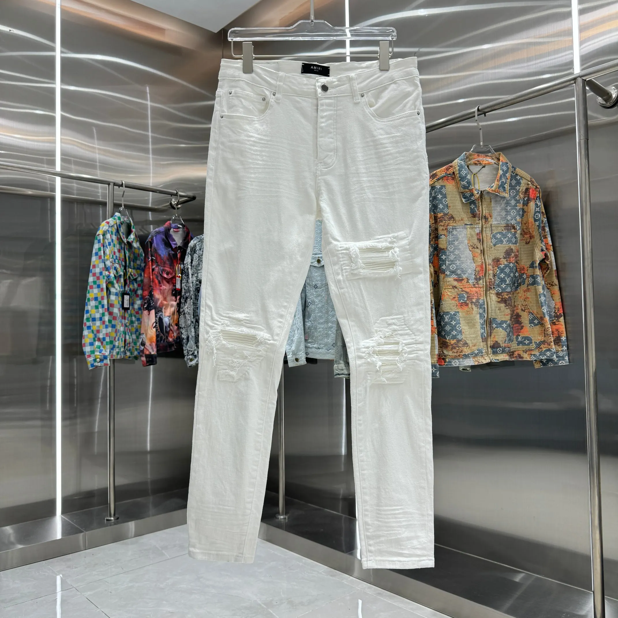 P290 Amiri ripped craft street fashion slim fit stretch jeans Color White Size 30 32 34 36 38