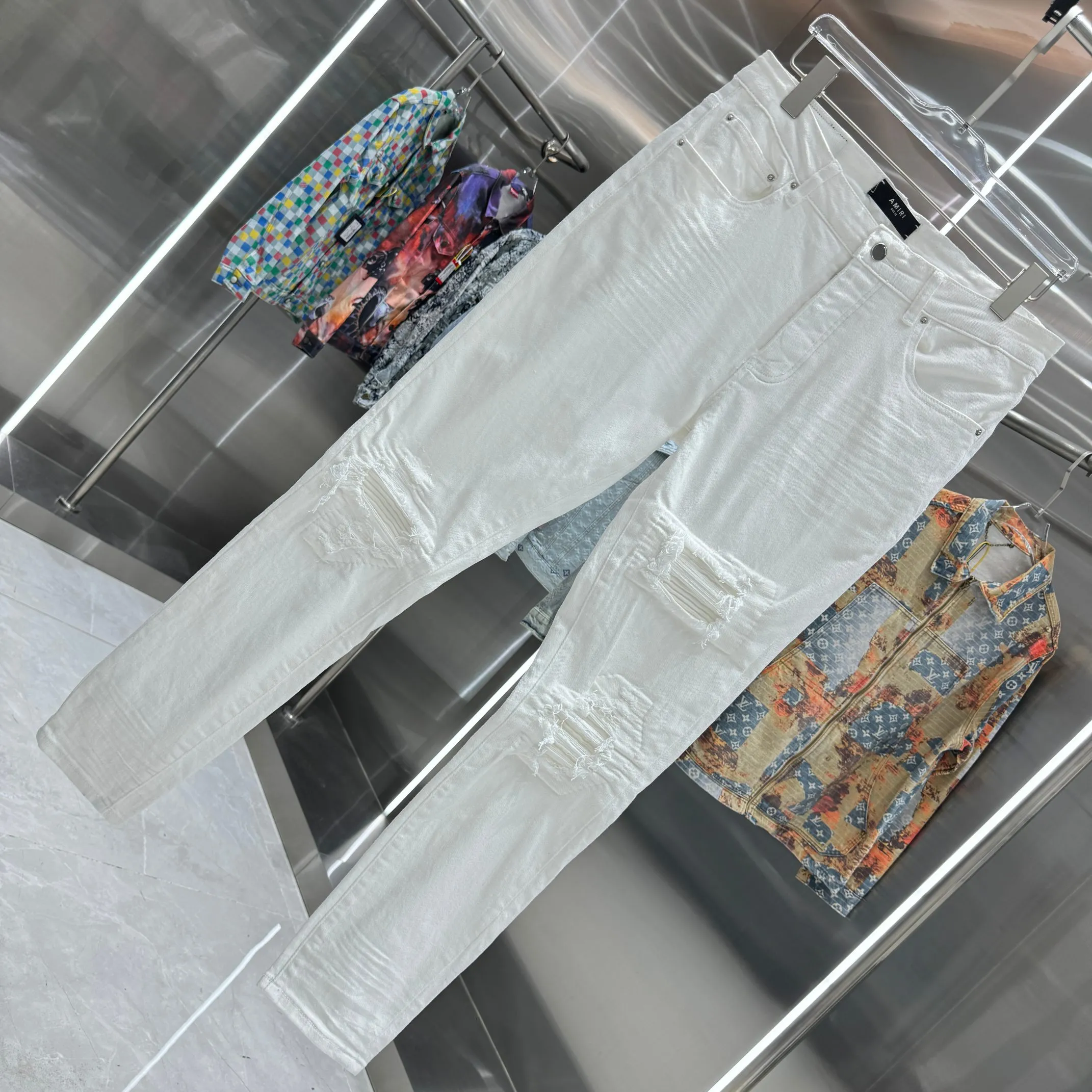 P290 Amiri ripped craft street fashion slim fit stretch jeans Color White Size 30 32 34 36 38