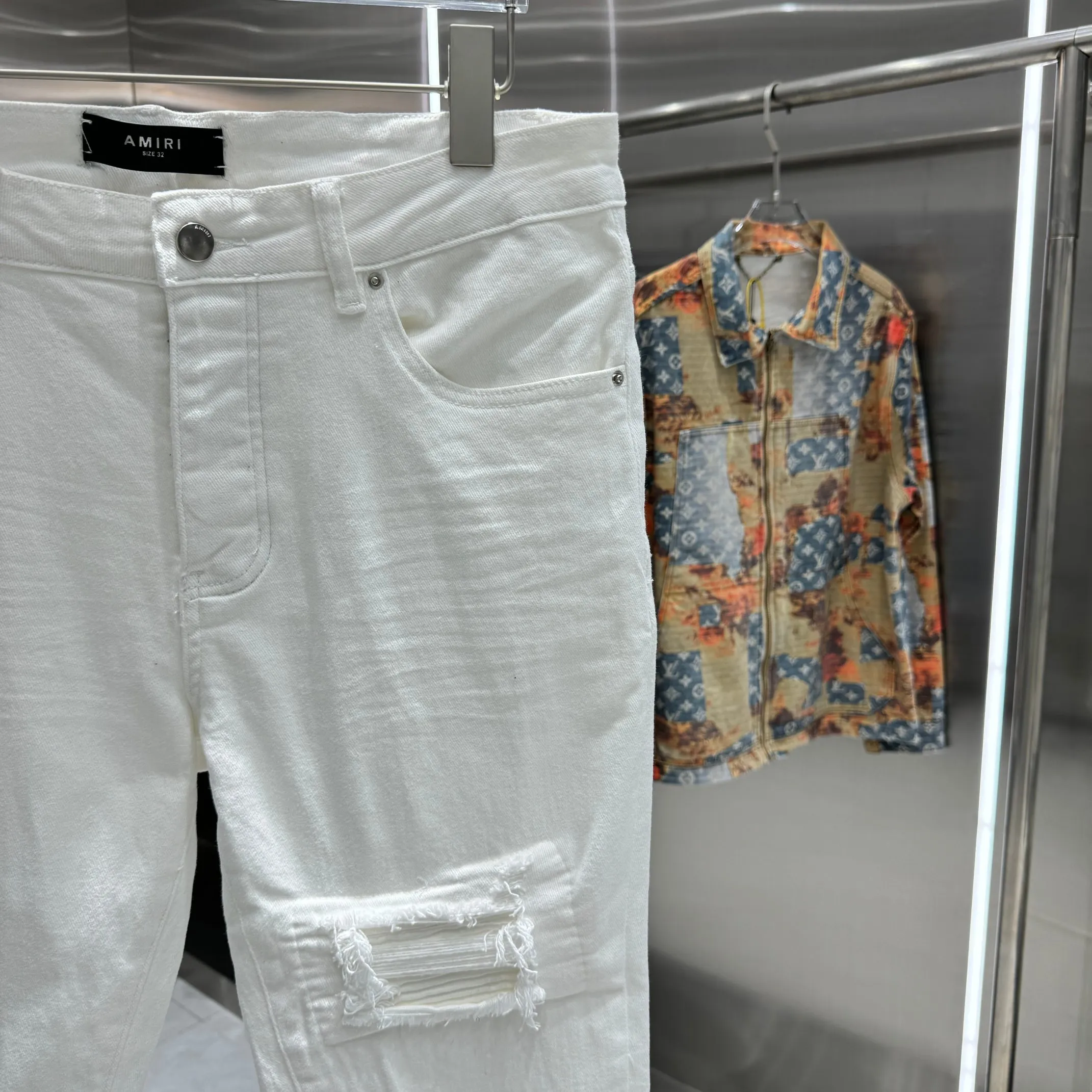 P290 Amiri ripped craft street fashion slim fit stretch jeans Color White Size 30 32 34 36 38