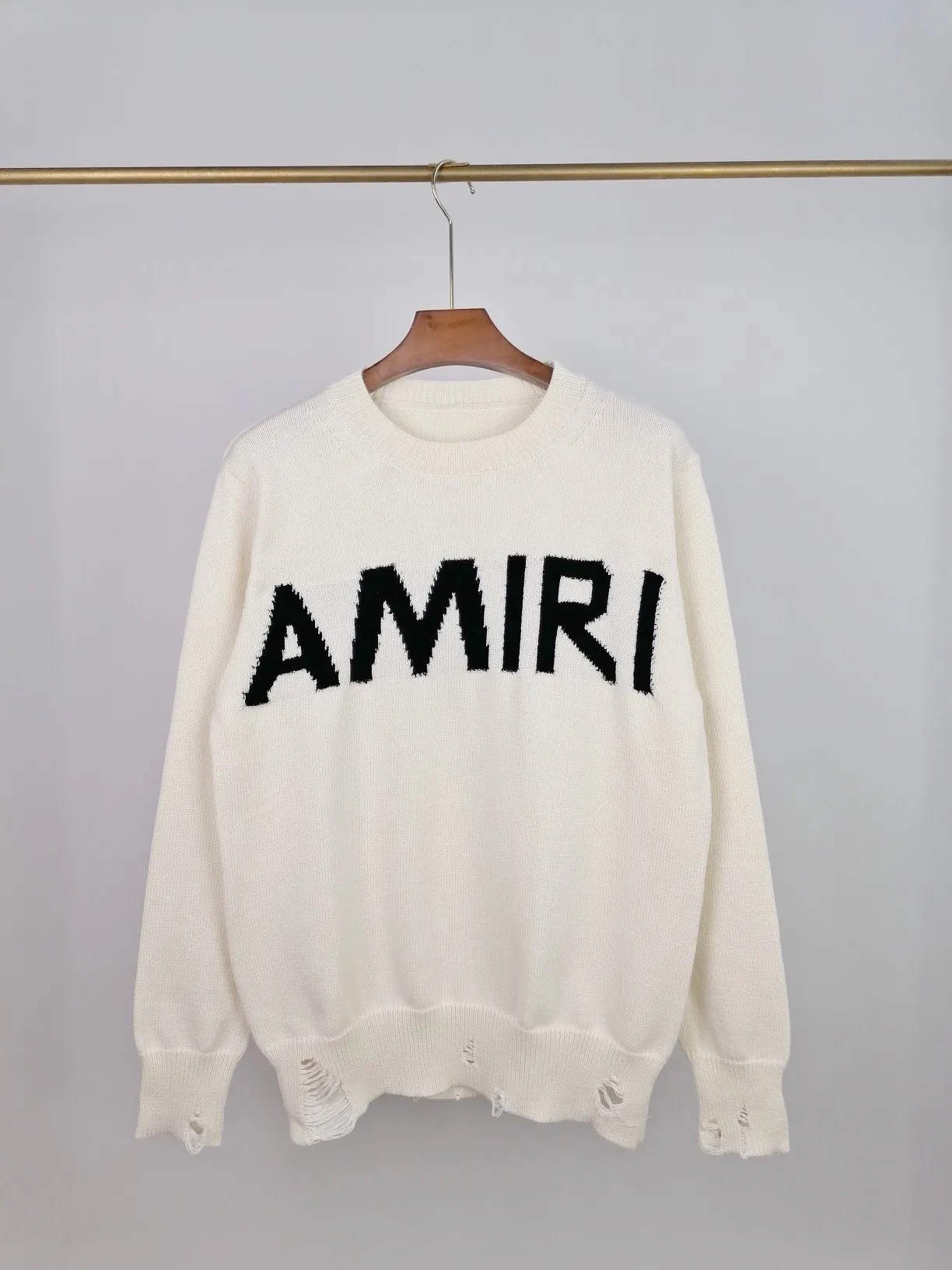 P230 🎉 AMIRI new style letter Logo jacquard, tassels destroyed holes European and American style sweater, color: pearl white, black size: S M L XL XXL