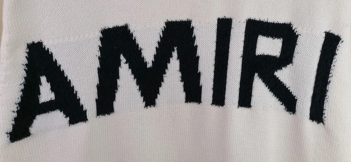 P230 🎉 AMIRI new style letter Logo jacquard, tassels destroyed holes European and American style sweater, color: pearl white, black size: S M L XL XXL