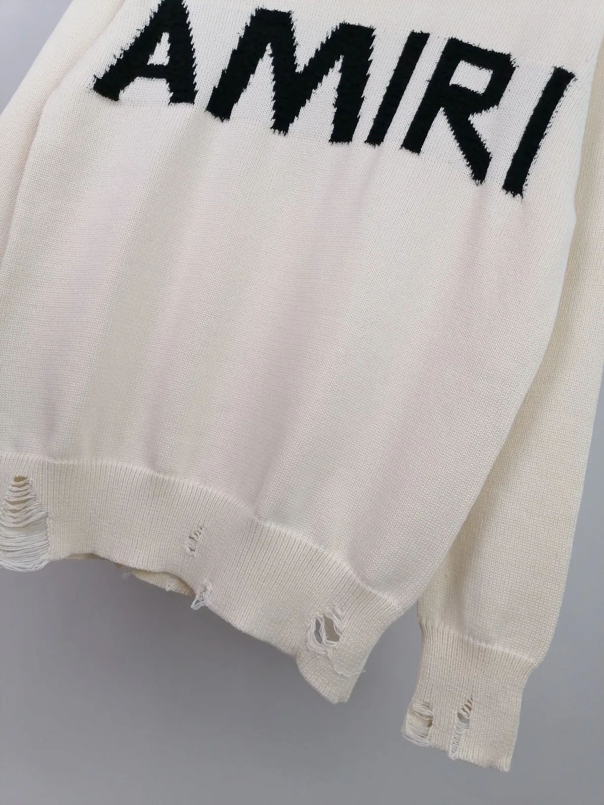 P230 🎉 AMIRI new style letter Logo jacquard, tassels destroyed holes European and American style sweater, color: pearl white, black size: S M L XL XXL