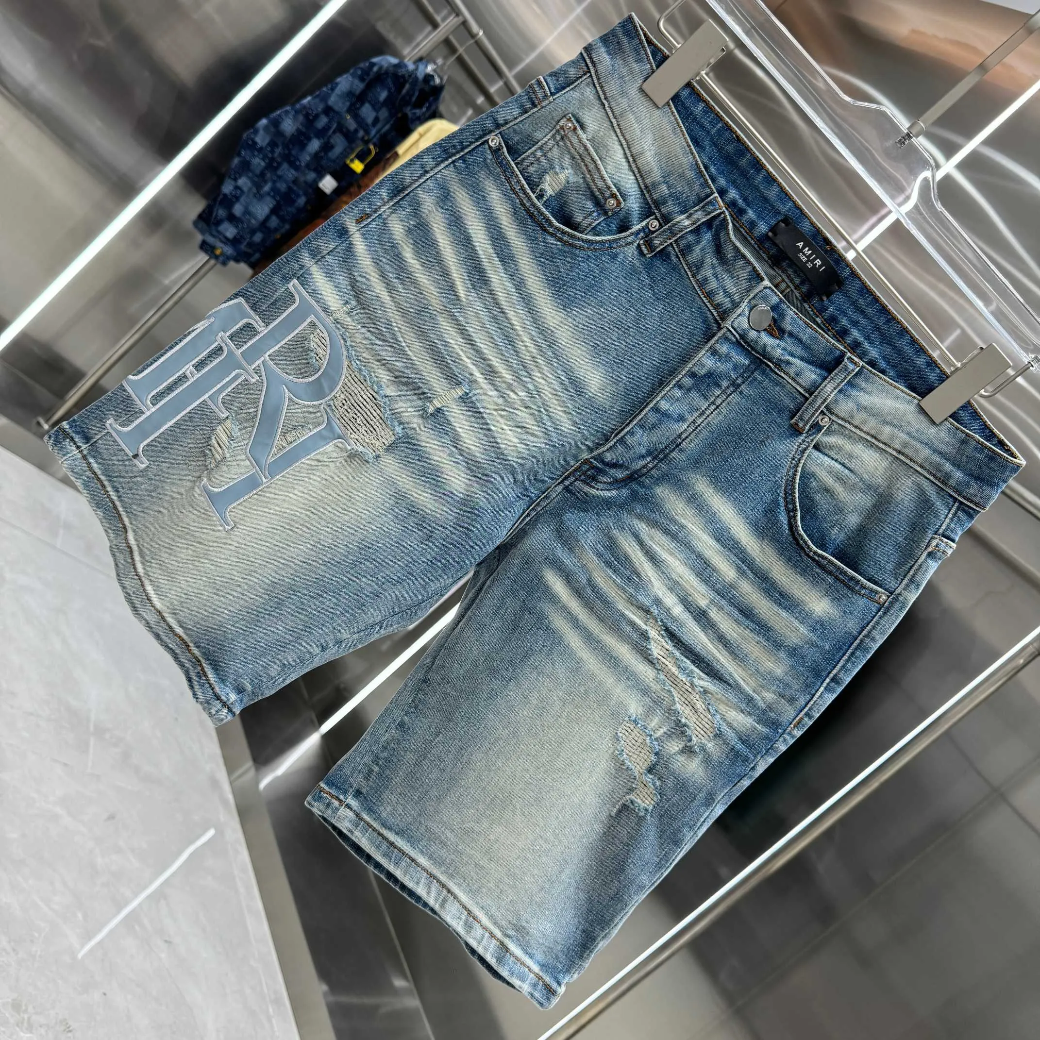P250 Amiri ripped letter embroidery craft street fashion jeans shorts color blue size 30 32 34 36 38