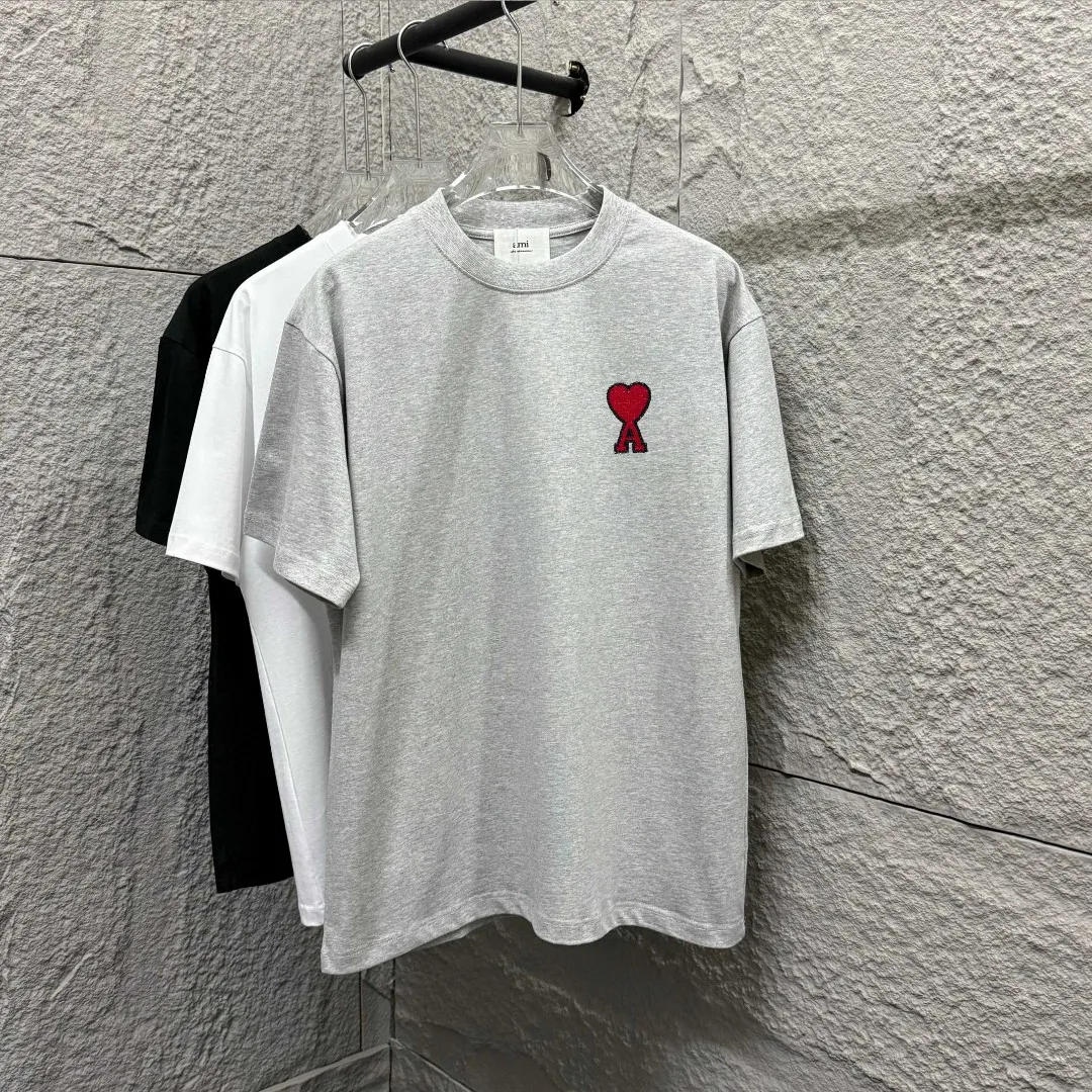 🅿️180 Ami* 2025 spring and summer new style Ami love letter embroidery Customized double yarn plain cotton fabric Short-sleeved T-shirt Uniform for men and women Color: black white floral gray Size: S (90-130 pounds) M (120-150 pounds) L (140-165 pounds) XL (160-180 pounds) XXL (180-210 pounds)
