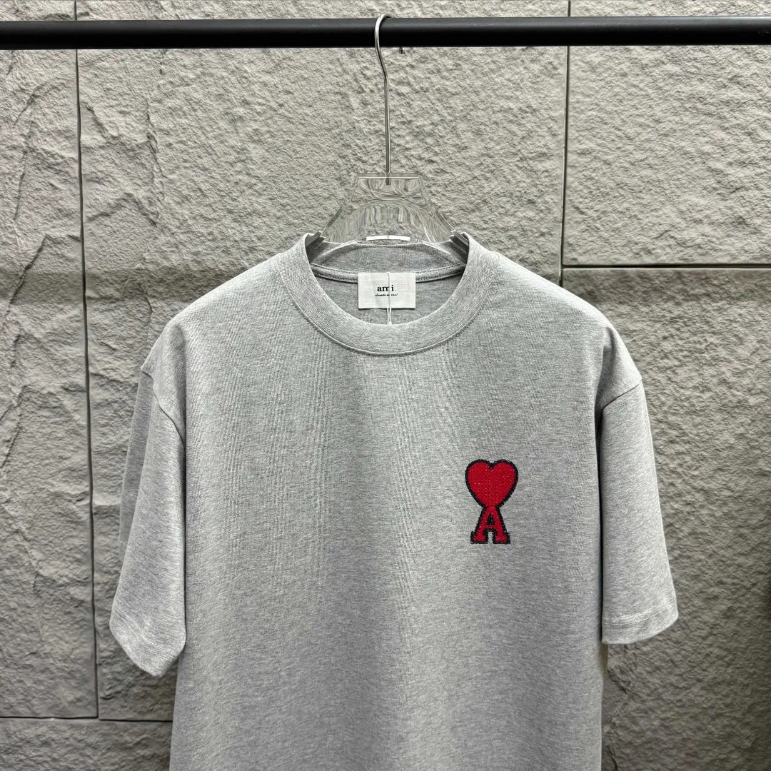 🅿️180 Ami* 2025 spring and summer new style Ami love letter embroidery Customized double yarn plain cotton fabric Short-sleeved T-shirt Uniform for men and women Color: black white floral gray Size: S (90-130 pounds) M (120-150 pounds) L (140-165 pounds) XL (160-180 pounds) XXL (180-210 pounds)