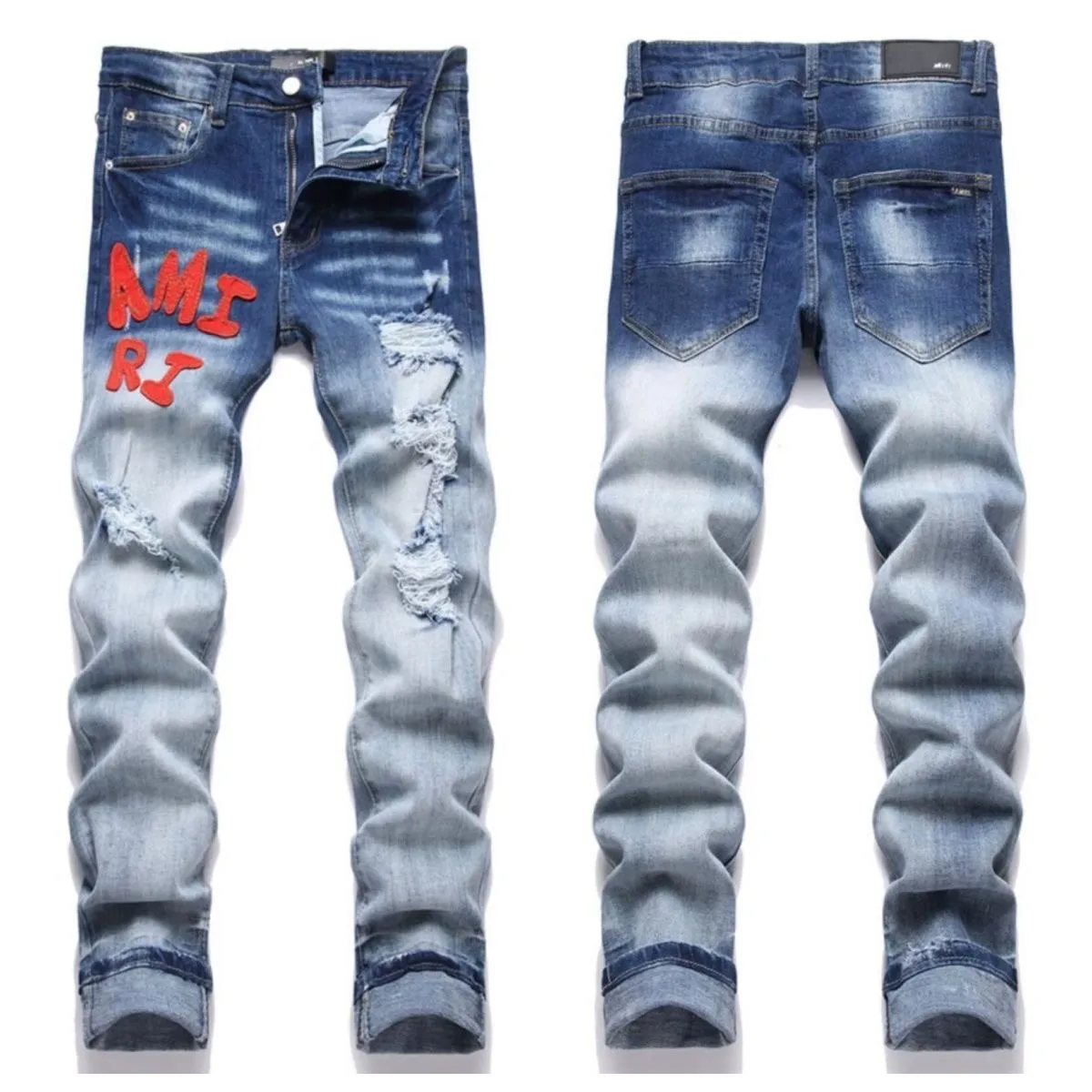 #M39 P168💰 Amiri classic embroidered patched leather distressed lettered jeans. Slim fit jeans. Produced by a major washed factory. Full of high-end. Partial destruction of the knees and patchwork design. Already used as a facade design. Leather waist nameplate. The focus of this style is not on the washing, but on the destroyed shape and version. The secret lies in the craftsmanship of the master. The cost of post-processing, grinding, cutting, etc. is far beyond the cost of assembly line products. Color: Picture color Size: 30-32-34-36
