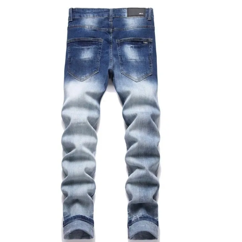 #M39 P168💰 Amiri classic embroidered patched leather distressed lettered jeans. Slim fit jeans. Produced by a major washed factory. Full of high-end. Partial destruction of the knees and patchwork design. Already used as a facade design. Leather waist nameplate. The focus of this style is not on the washing, but on the destroyed shape and version. The secret lies in the craftsmanship of the master. The cost of post-processing, grinding, cutting, etc. is far beyond the cost of assembly line products. Color: Picture color Size: 30-32-34-36