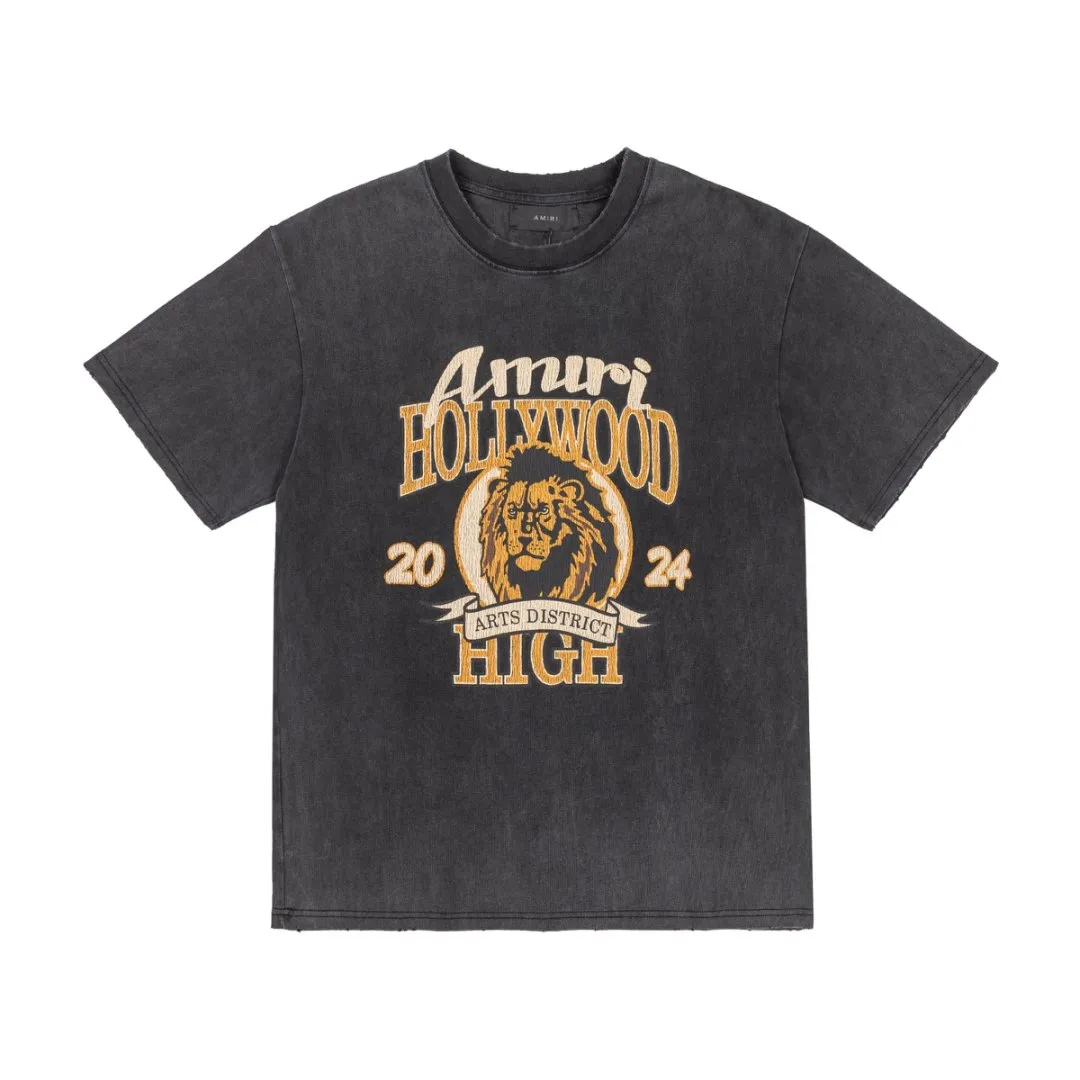 8048#P170, AMIRI lion head print, washed, frayed and fried, loose version of T-shirt, made of 300g heavy fabric, color: black, size: S M L XL