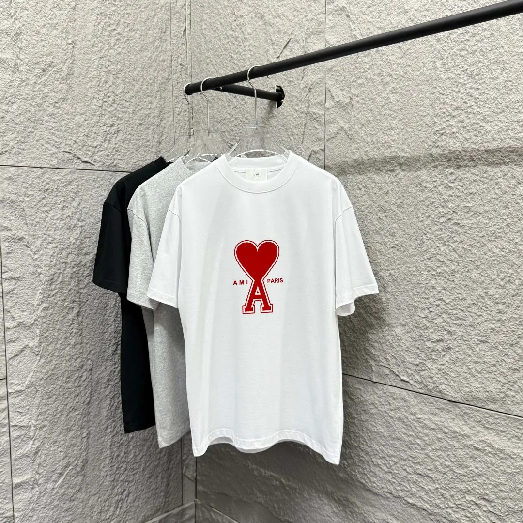 🅿️180 Ami* 2025 spring and summer new style Ami love letter red flocking Customized double yarn plain cotton fabric Short-sleeved T-shirt Uniform for men and women Color: black white floral gray Size: S (90-130 pounds) M (120-150 pounds) L (140-165 pounds) XL (160-180 pounds) XXL (180-210 pounds)