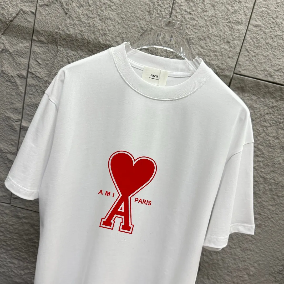 🅿️180 Ami* 2025 spring and summer new style Ami love letter red flocking Customized double yarn plain cotton fabric Short-sleeved T-shirt Uniform for men and women Color: black white floral gray Size: S (90-130 pounds) M (120-150 pounds) L (140-165 pounds) XL (160-180 pounds) XXL (180-210 pounds)