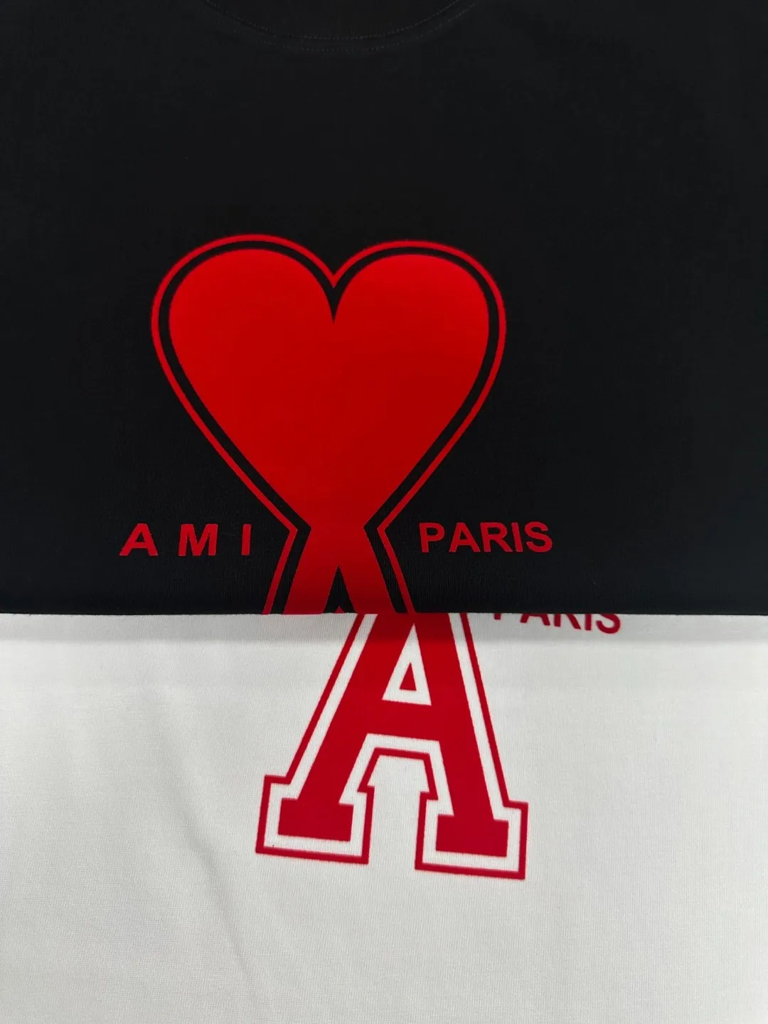 🅿️180 Ami* 2025 spring and summer new style Ami love letter red flocking Customized double yarn plain cotton fabric Short-sleeved T-shirt Uniform for men and women Color: black white floral gray Size: S (90-130 pounds) M (120-150 pounds) L (140-165 pounds) XL (160-180 pounds) XXL (180-210 pounds)