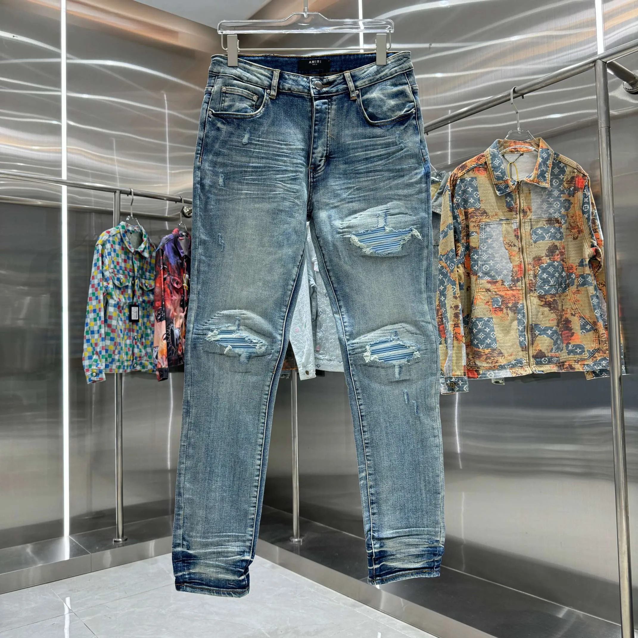 P290 Amiri ripped patchwork street fashion slim fit stretch jeans Color Blue Size 30 32 34 36 38