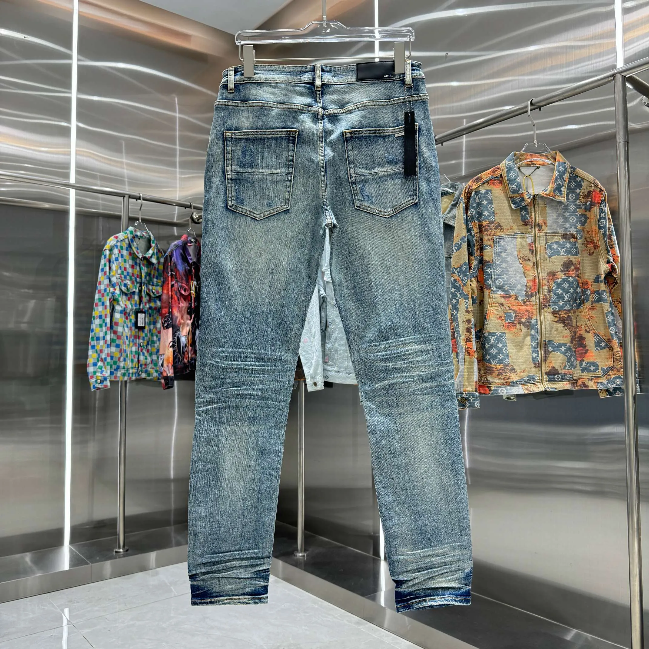 P290 Amiri ripped patchwork street fashion slim fit stretch jeans Color Blue Size 30 32 34 36 38
