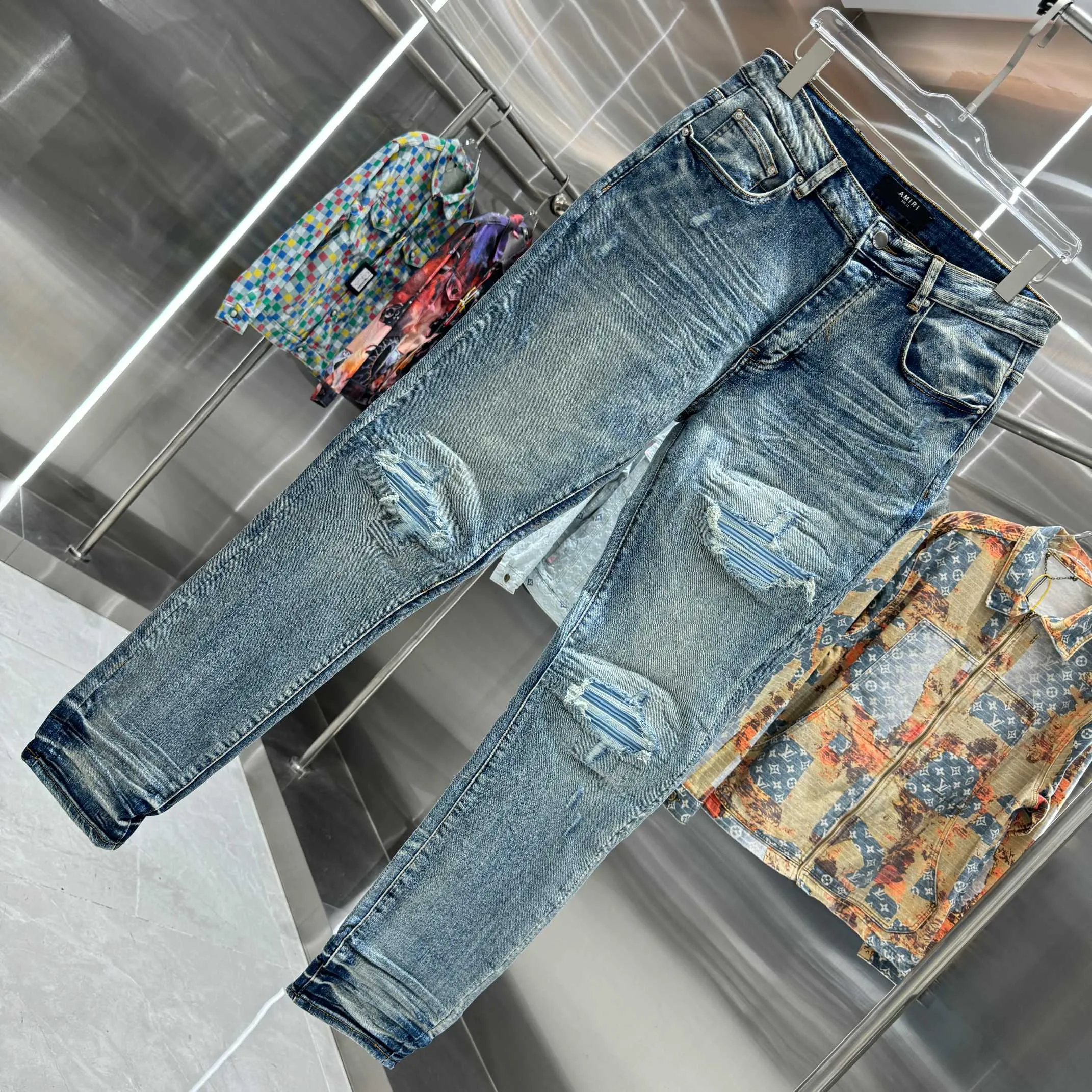 P290 Amiri ripped patchwork street fashion slim fit stretch jeans Color Blue Size 30 32 34 36 38