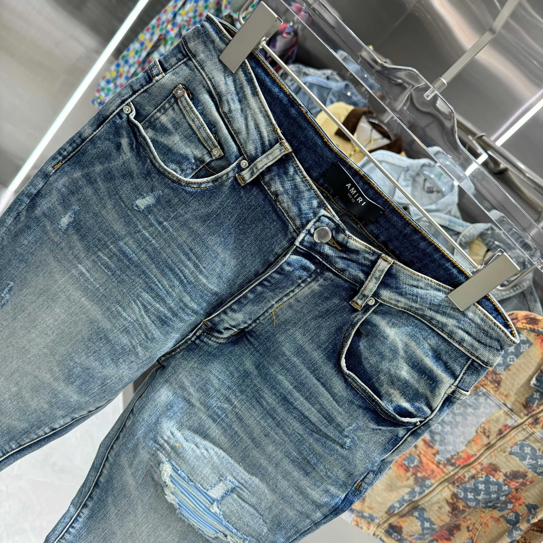 P290 Amiri ripped patchwork street fashion slim fit stretch jeans Color Blue Size 30 32 34 36 38