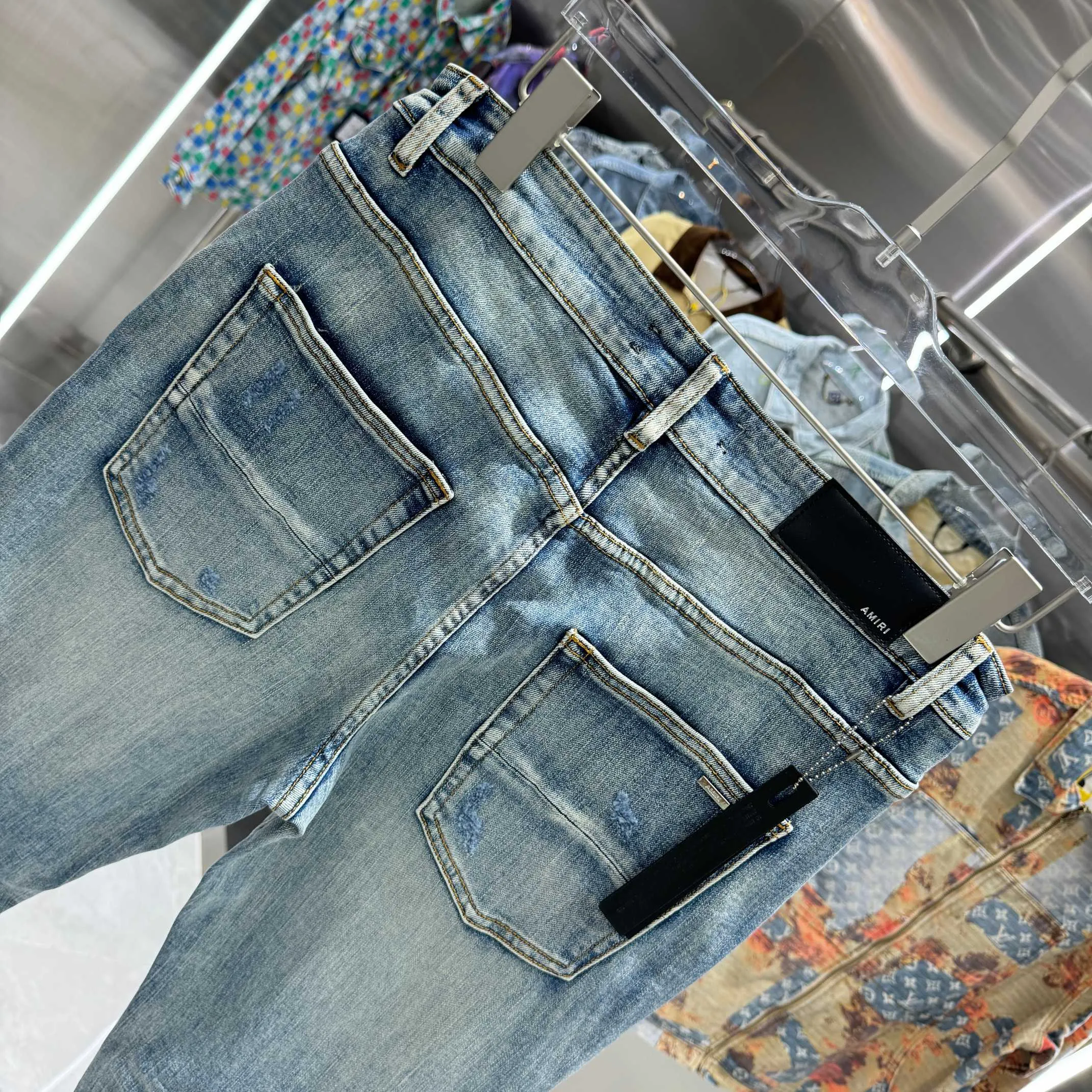 P290 Amiri ripped patchwork street fashion slim fit stretch jeans Color Blue Size 30 32 34 36 38