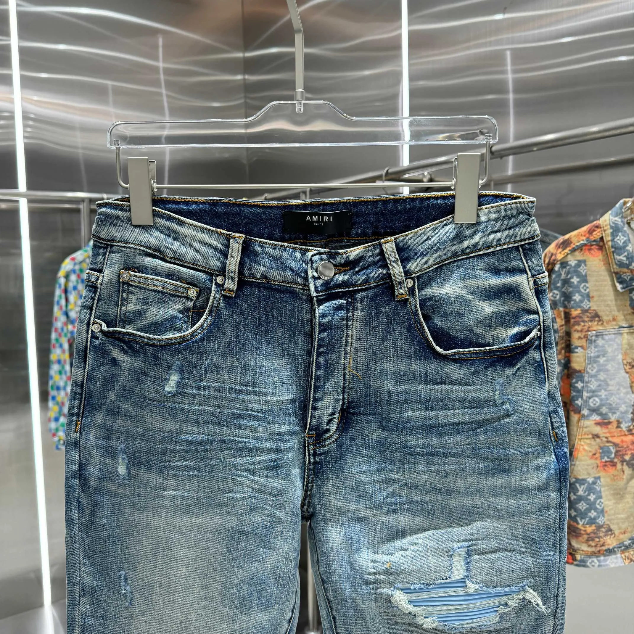 P290 Amiri ripped patchwork street fashion slim fit stretch jeans Color Blue Size 30 32 34 36 38